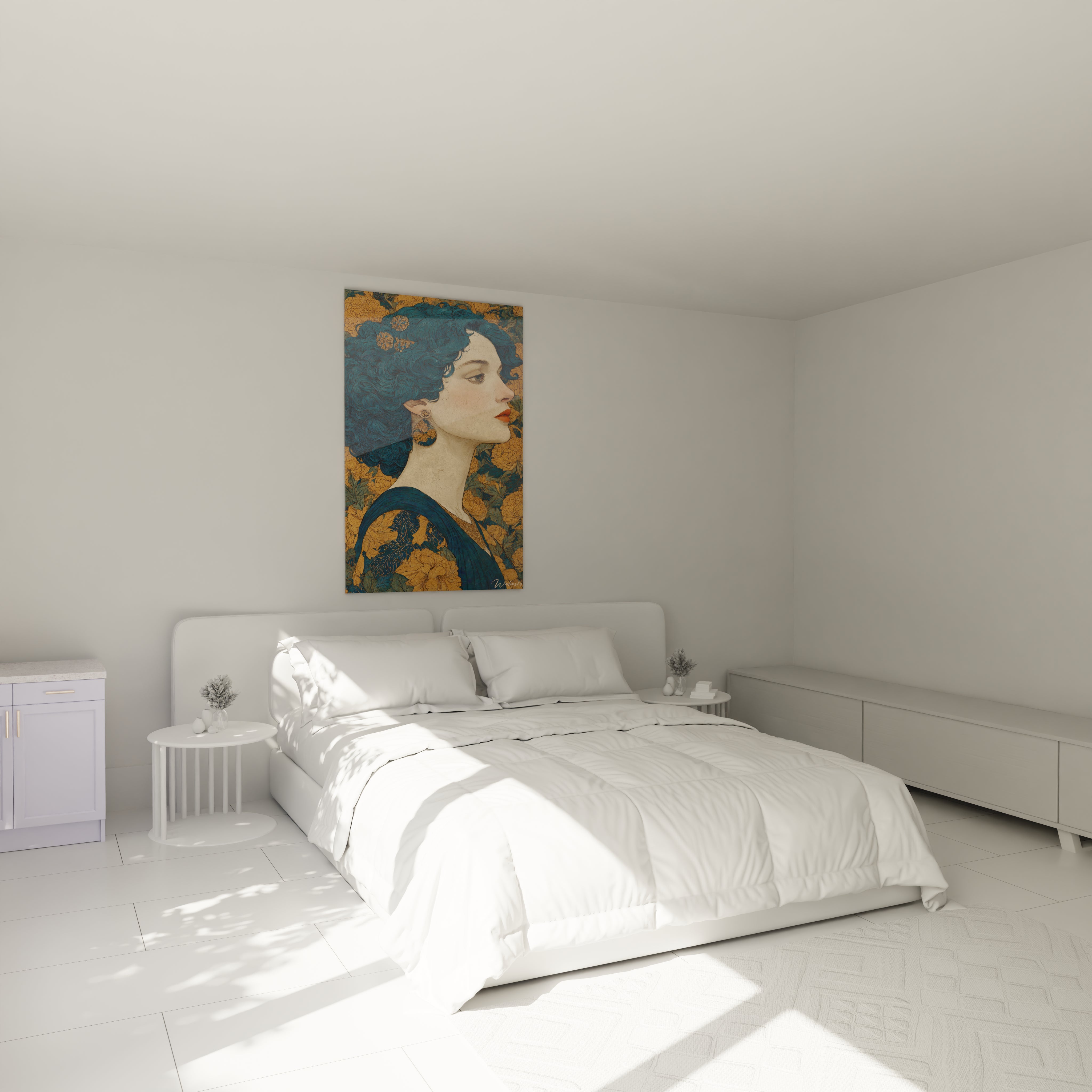 Tableau mural Walensky tableau femme art nouveau bleu et or accroché au dessus d un lit blanc minimaliste