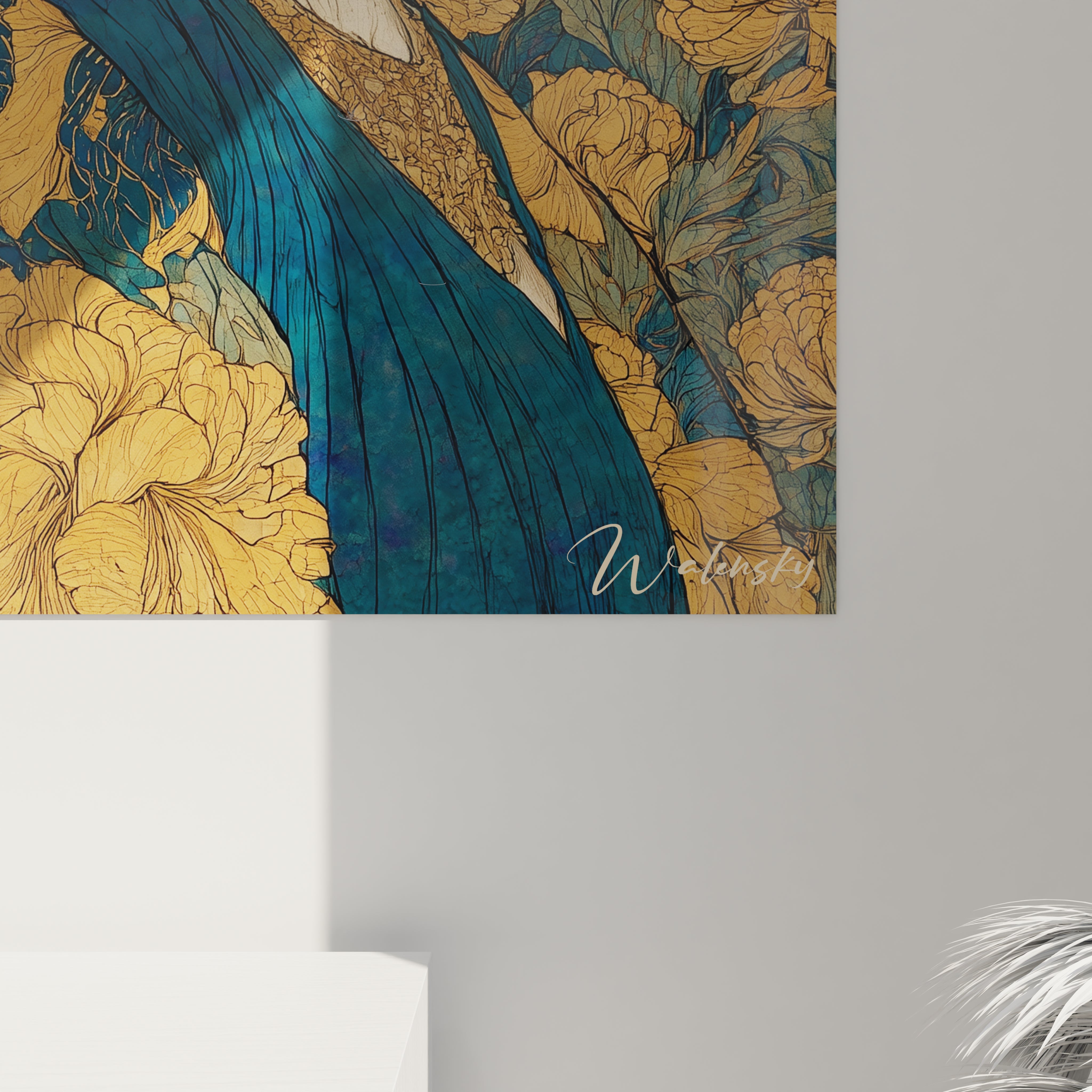 Tableau mural Walensky abstrait aux couleurs vives bleues rouges roses avec signature visible tableau femme art nouveau