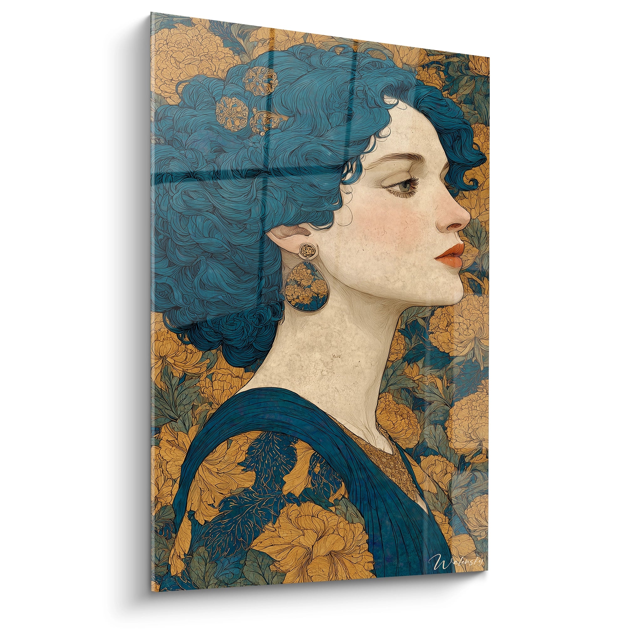 tableau femme art nouveau Walensky portrait latéral de femme aux cheveux bleus et motifs floraux dorés