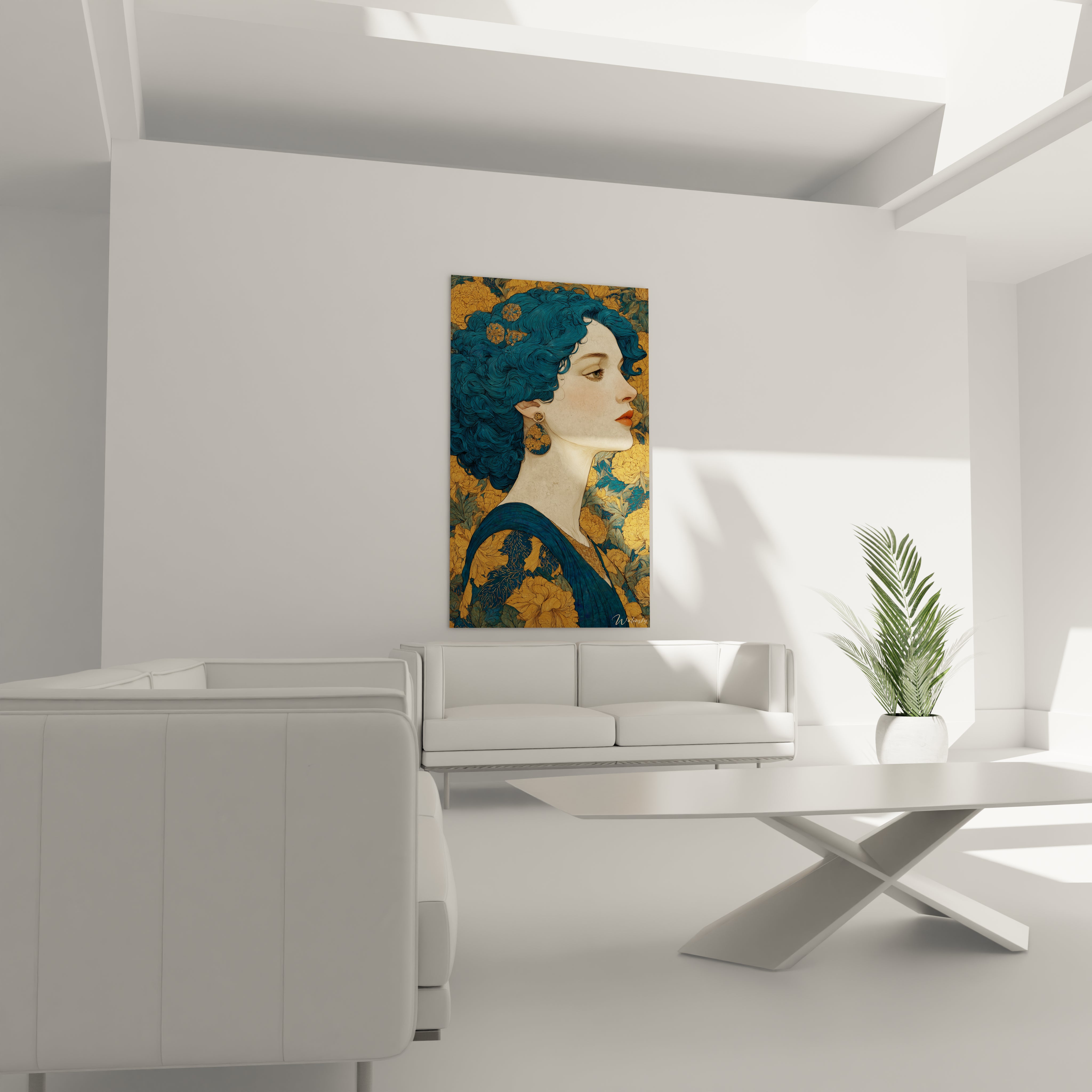Salon minimaliste avec canapé blanc et tableau femme art nouveau Walensky portrait bleu et fond doré