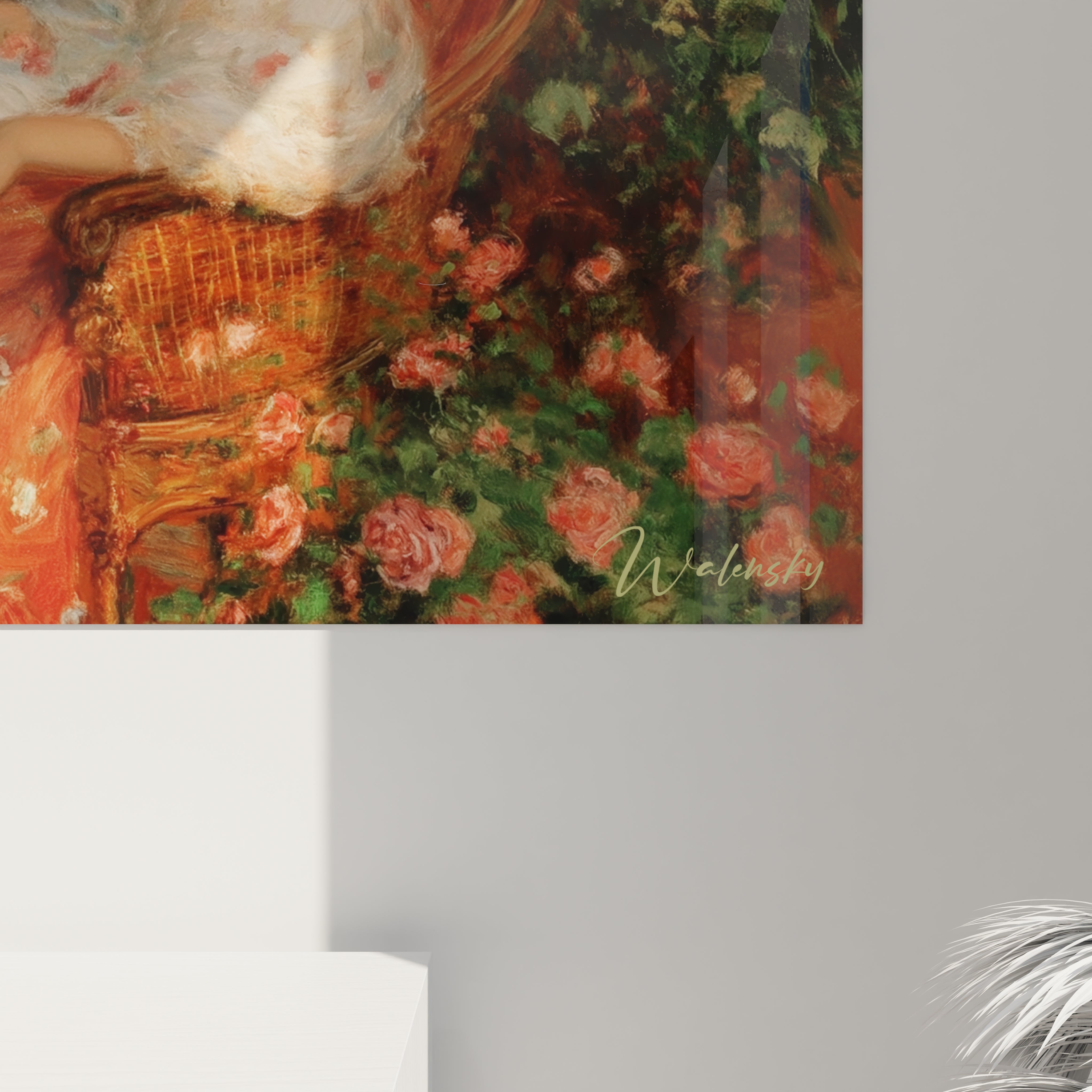 Tableau mural Walensky avec femme assise parmi des roses et signature tableau femmes classicisme