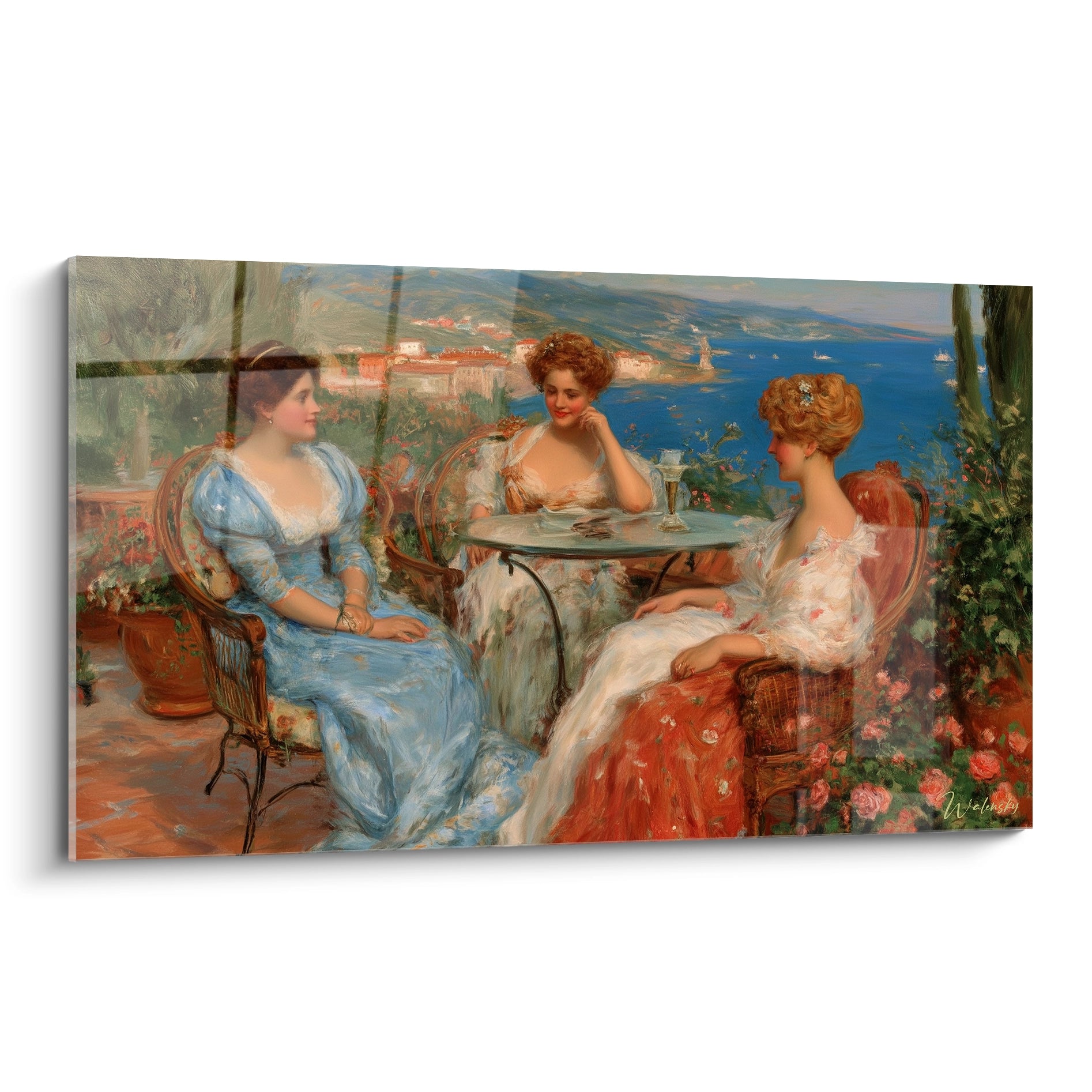 tableau femmes classicisme Walensky trois femmes en robes sur une terrasse fleurie avec vue sur la mer