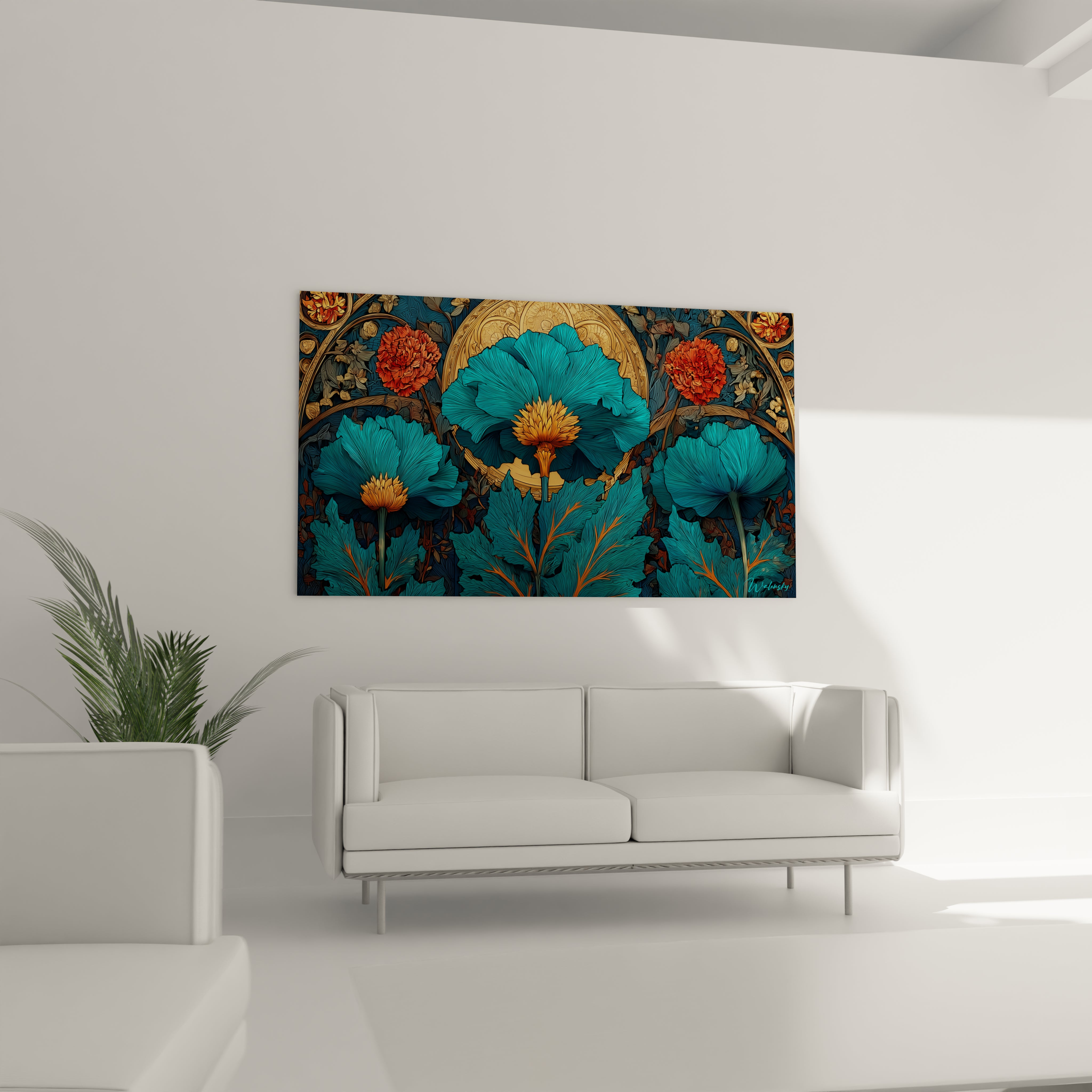 Tableau mural Walensky décoratif avec tableau floral Art nouveau bleu et or accroché au dessus de un canapé blanc