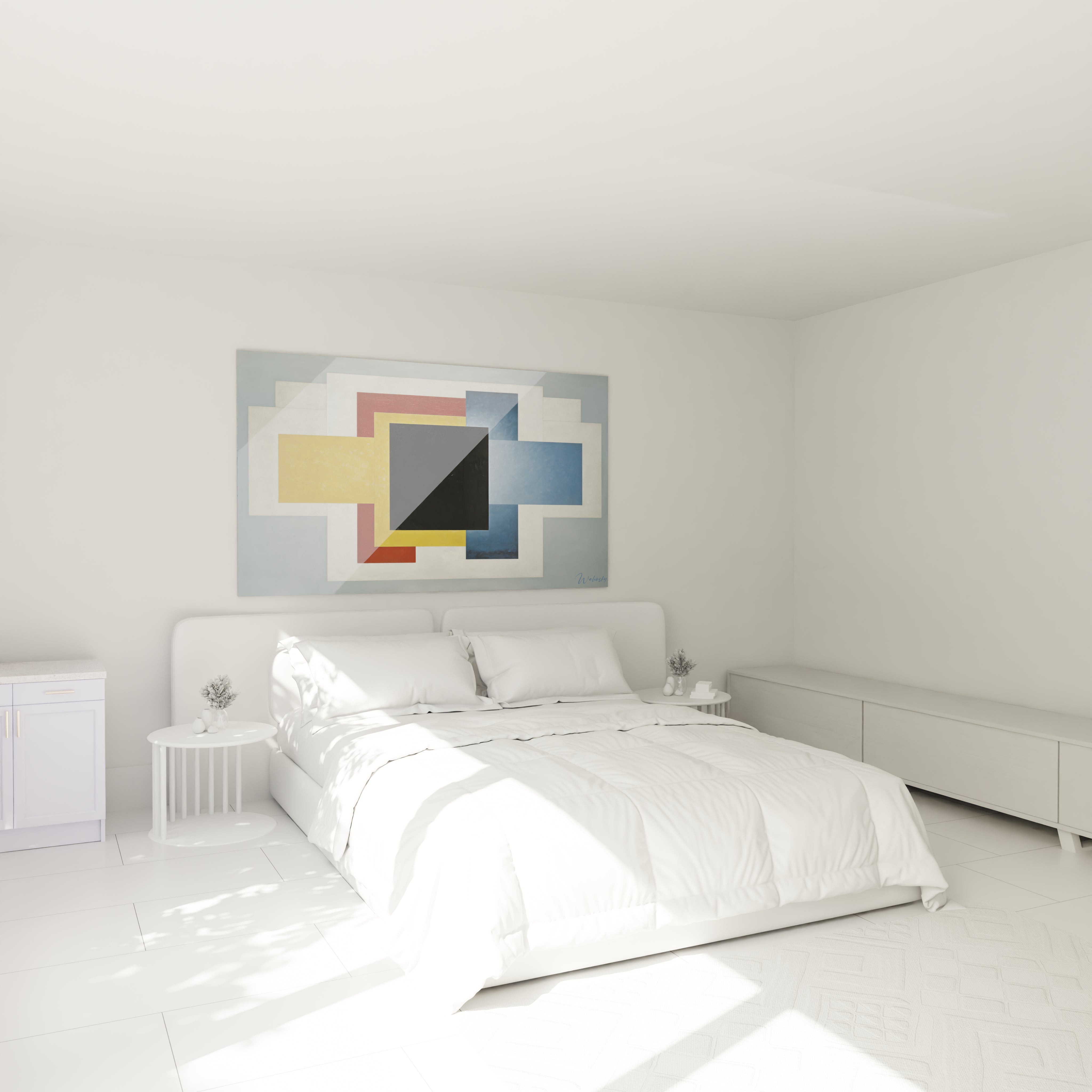 Walensky tableau géométrique constructivisme accroché au dessus d un lit blanc minimaliste avec linge de lit lumineux