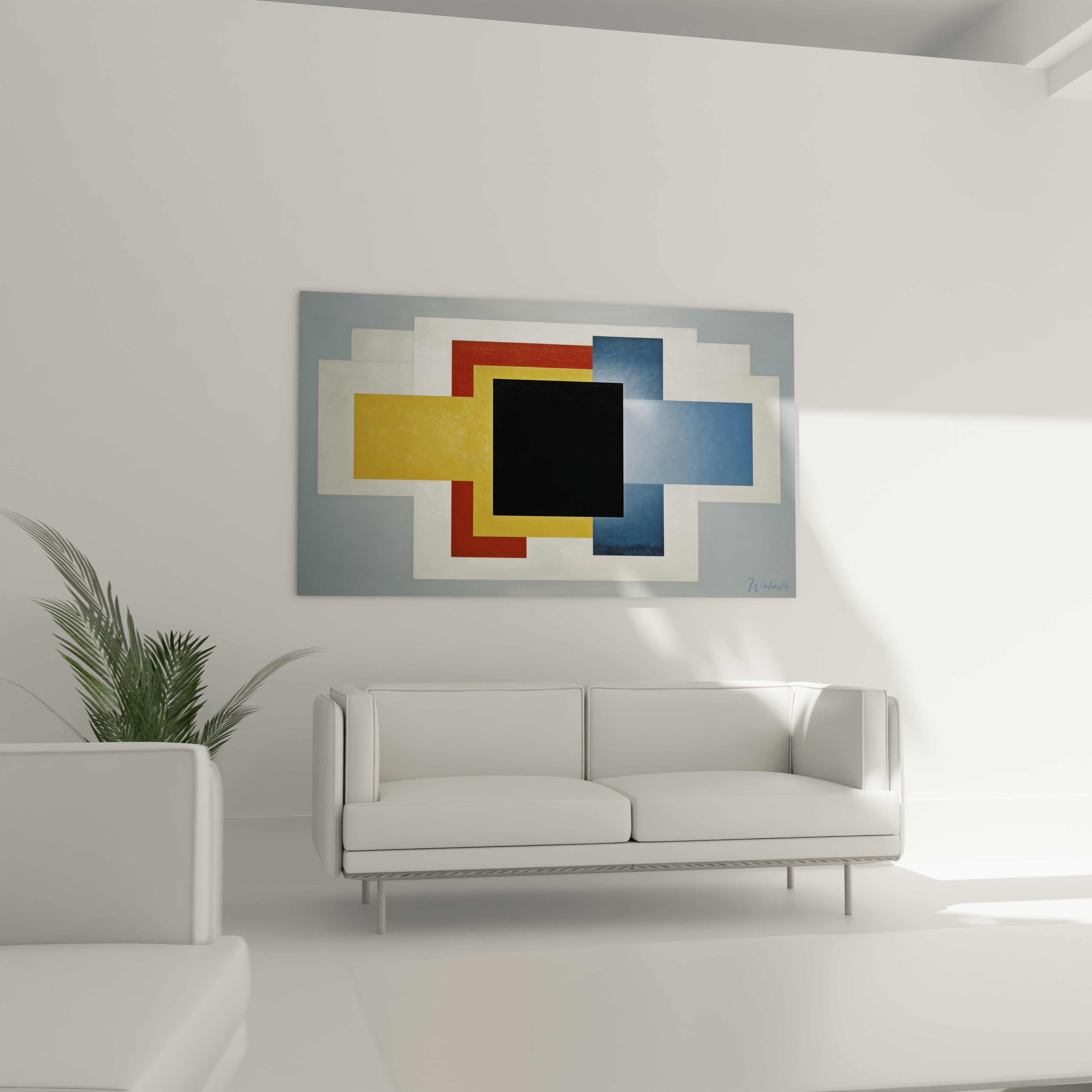 tableau géométrique constructivisme Walensky accroché au-dessus d'un canapé blanc, formes rectangulaires colorées et carré noir