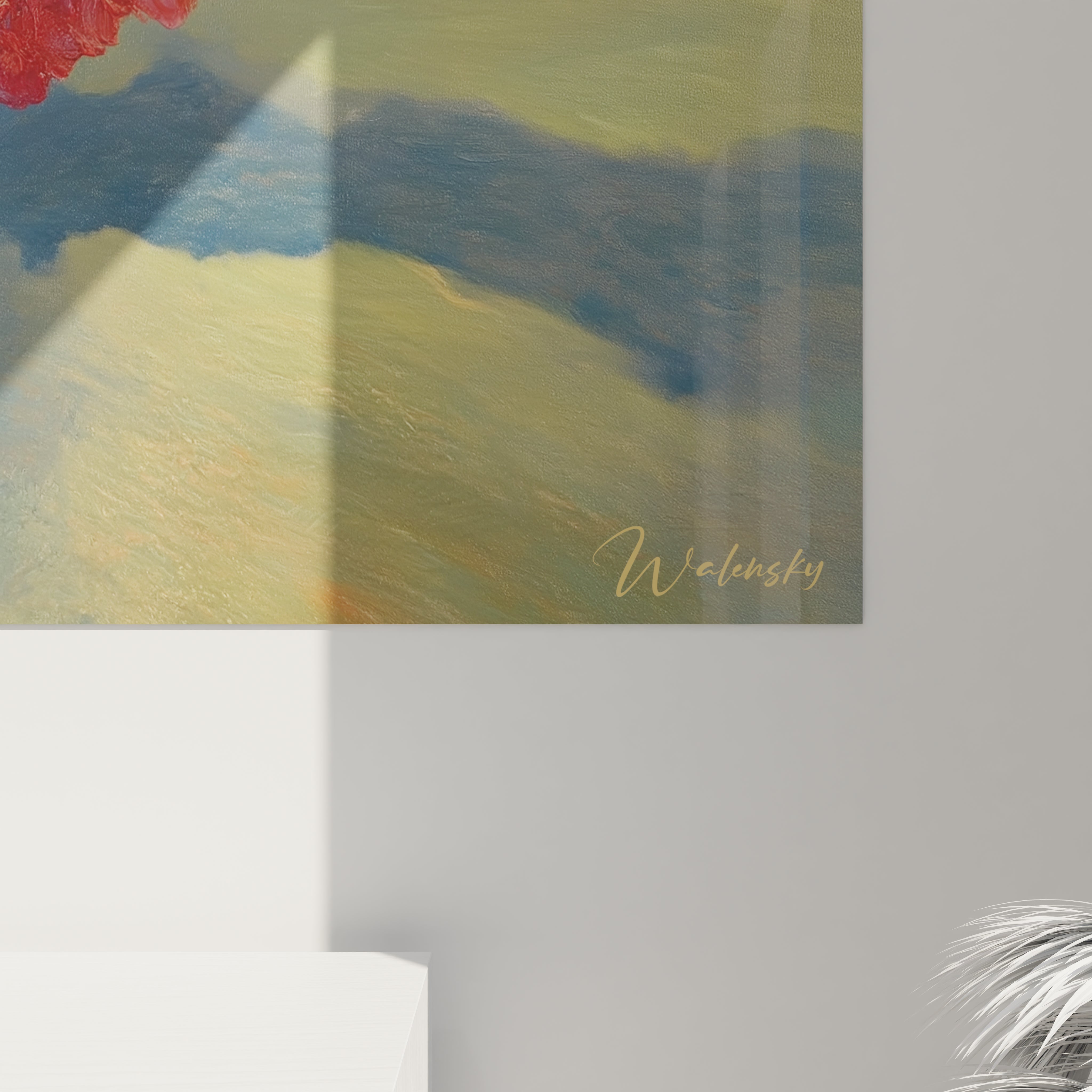 Tableau mural Walensky montrant un tableau hyperréalisme branche fleurie rouge partiel signé