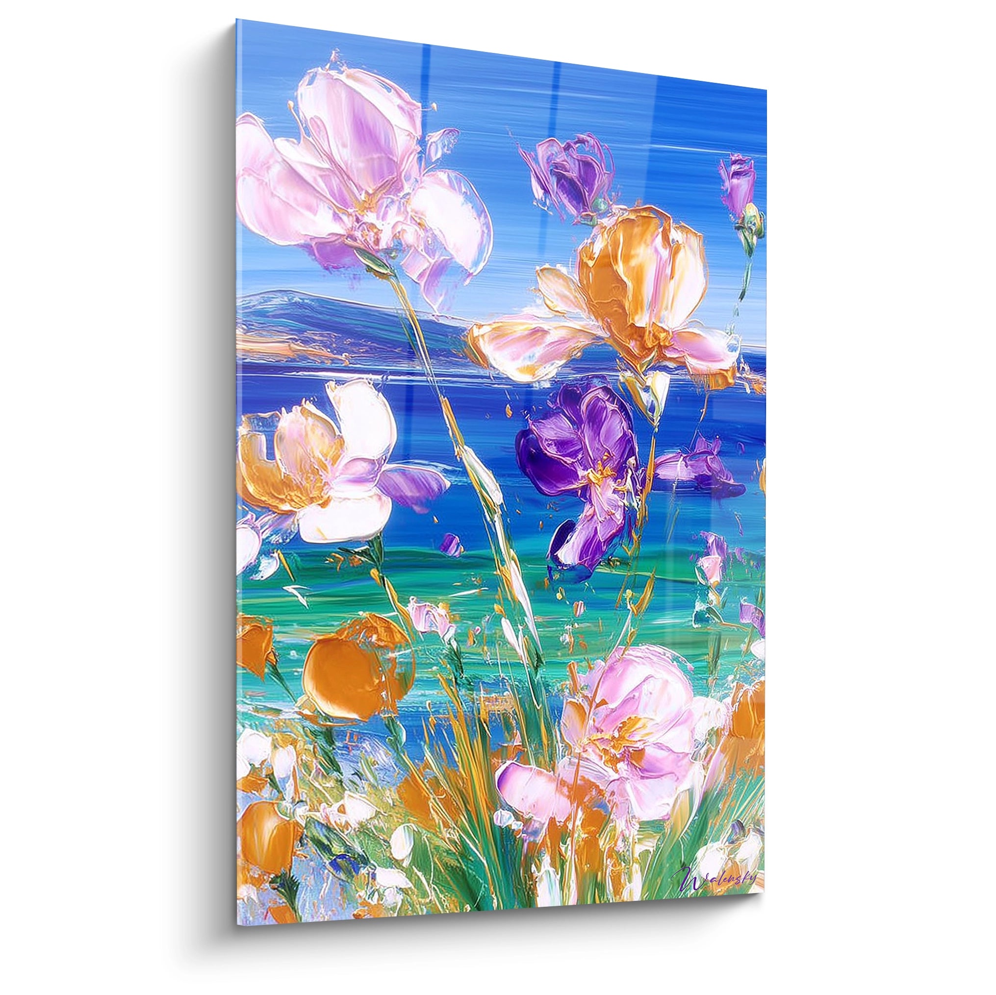 Tableau mural Walensky tableau impressionnisme fleurs violettes roses et oranges sur fond marin bleu turquoise