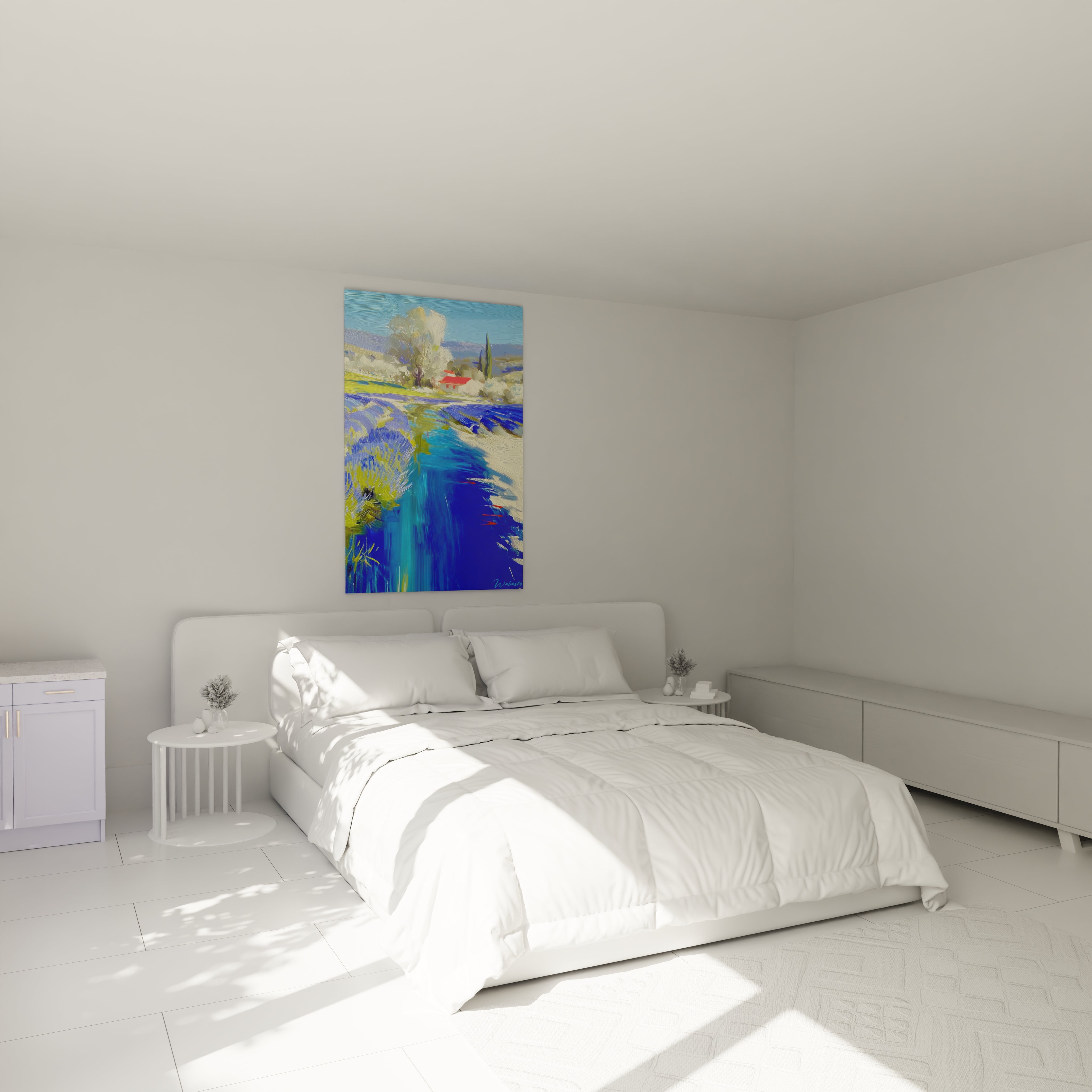 tableau impressionniste rivière Walensky accroche au dessus du lit dans une chambre minimaliste aux couleurs vives