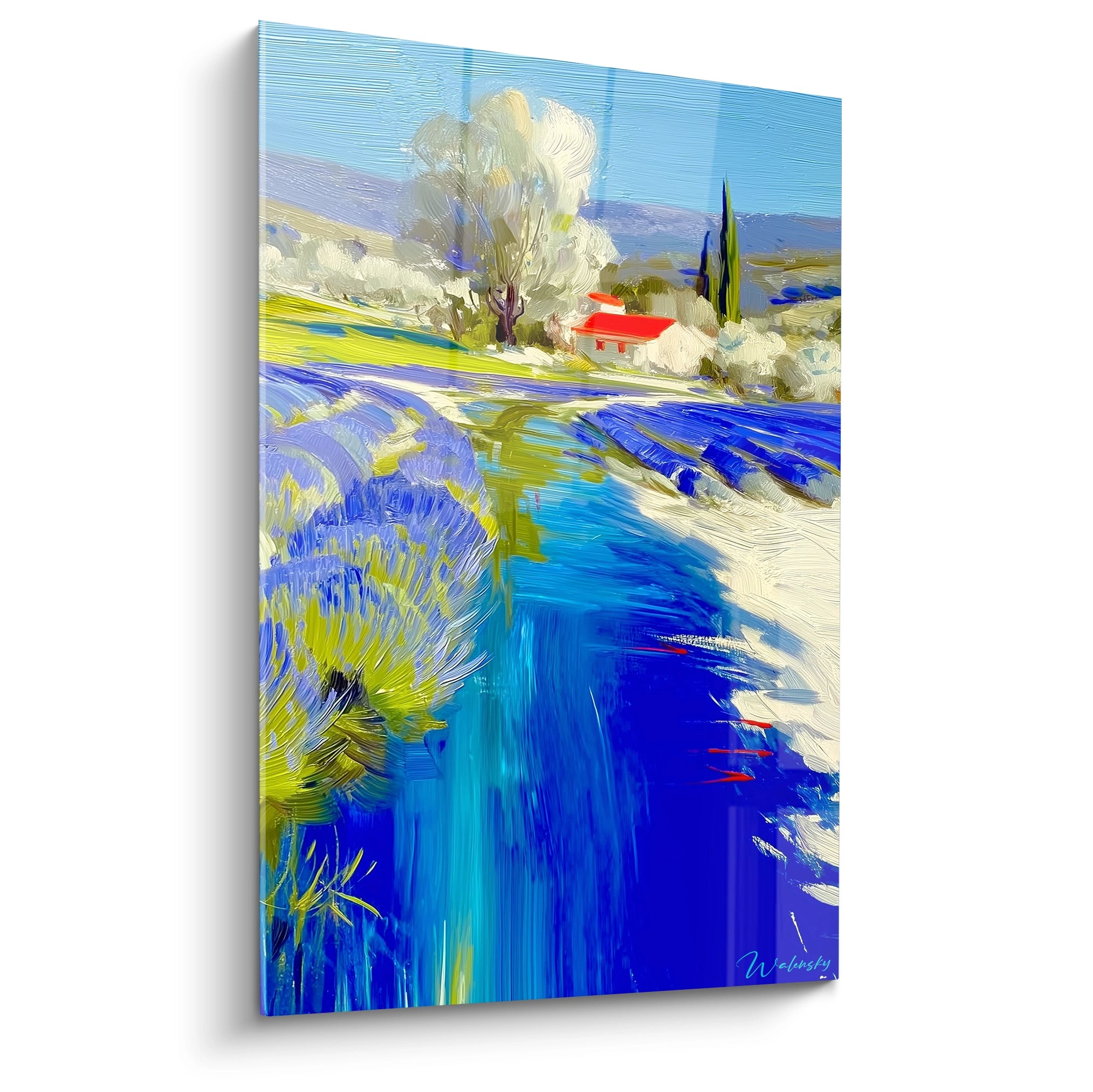 tableau impressionniste rivière Walensky tableau mural paysage lavande berges bleues et maison au toit rouge