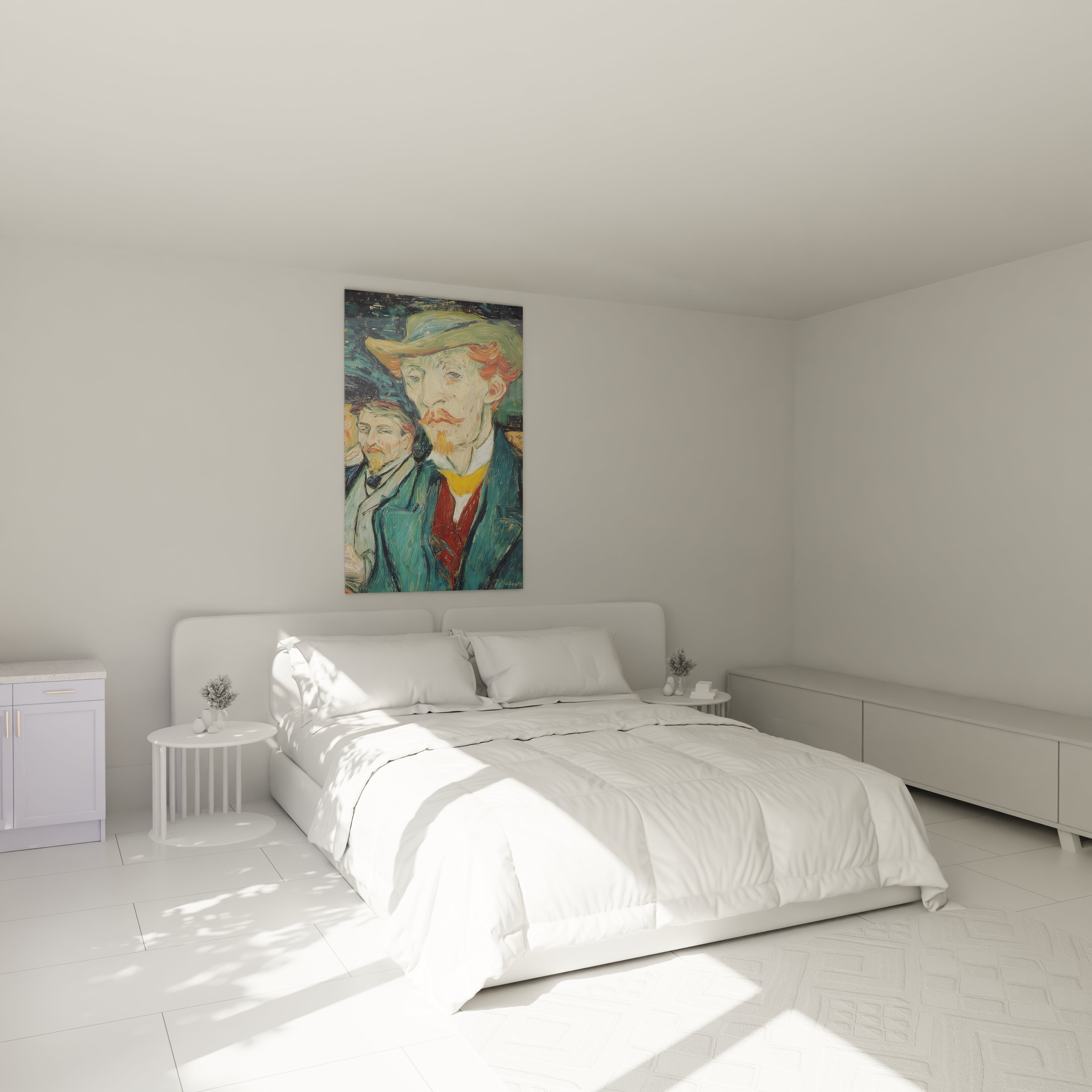 Chambre minimaliste blanche avec lit double et tableau mélancolie post impressionnisme de Walensky au dessus du lit