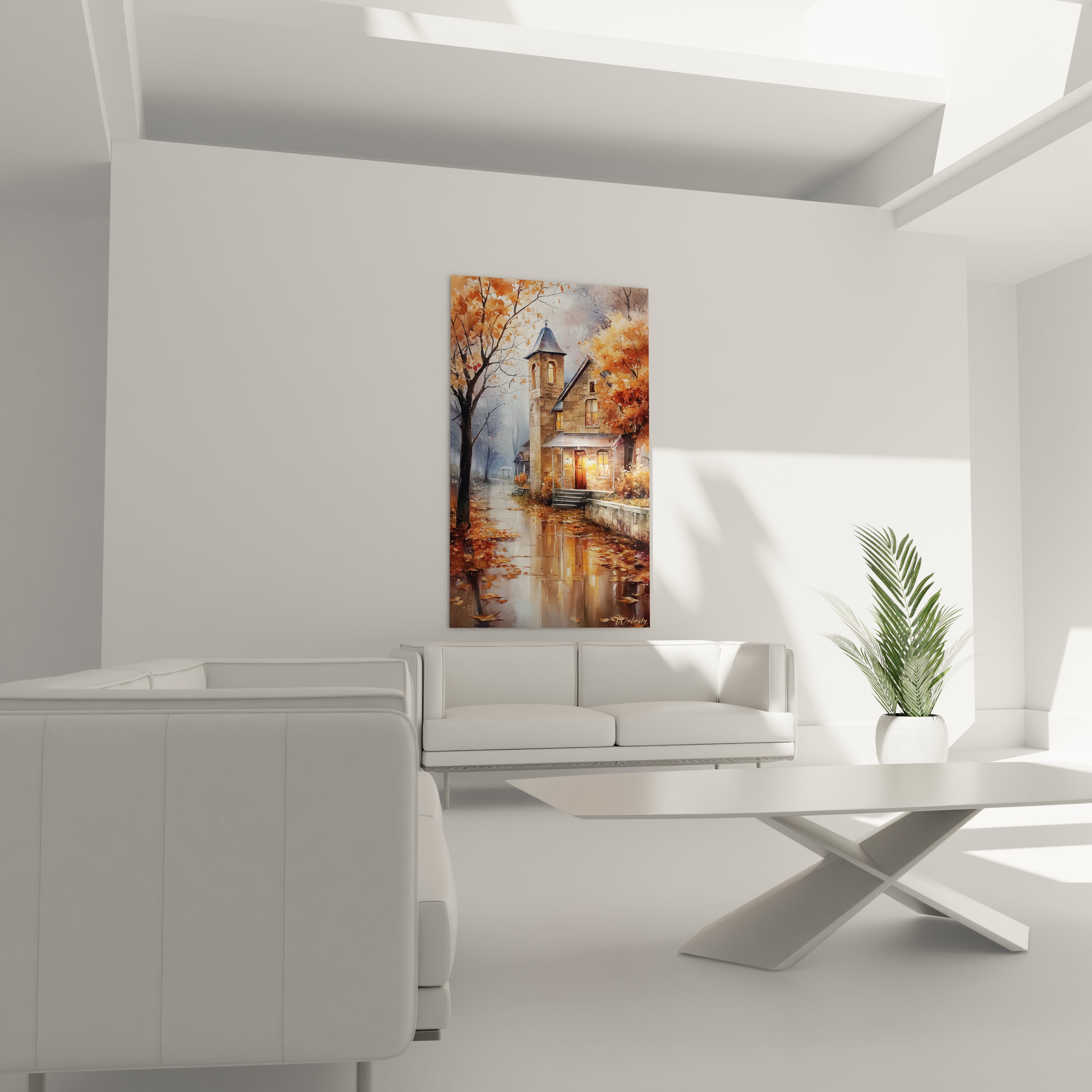 tableau mural maison automne Walensky toile verticale maison au bord de l eau couleurs chaudes reflet eau dans salon blanc moderne