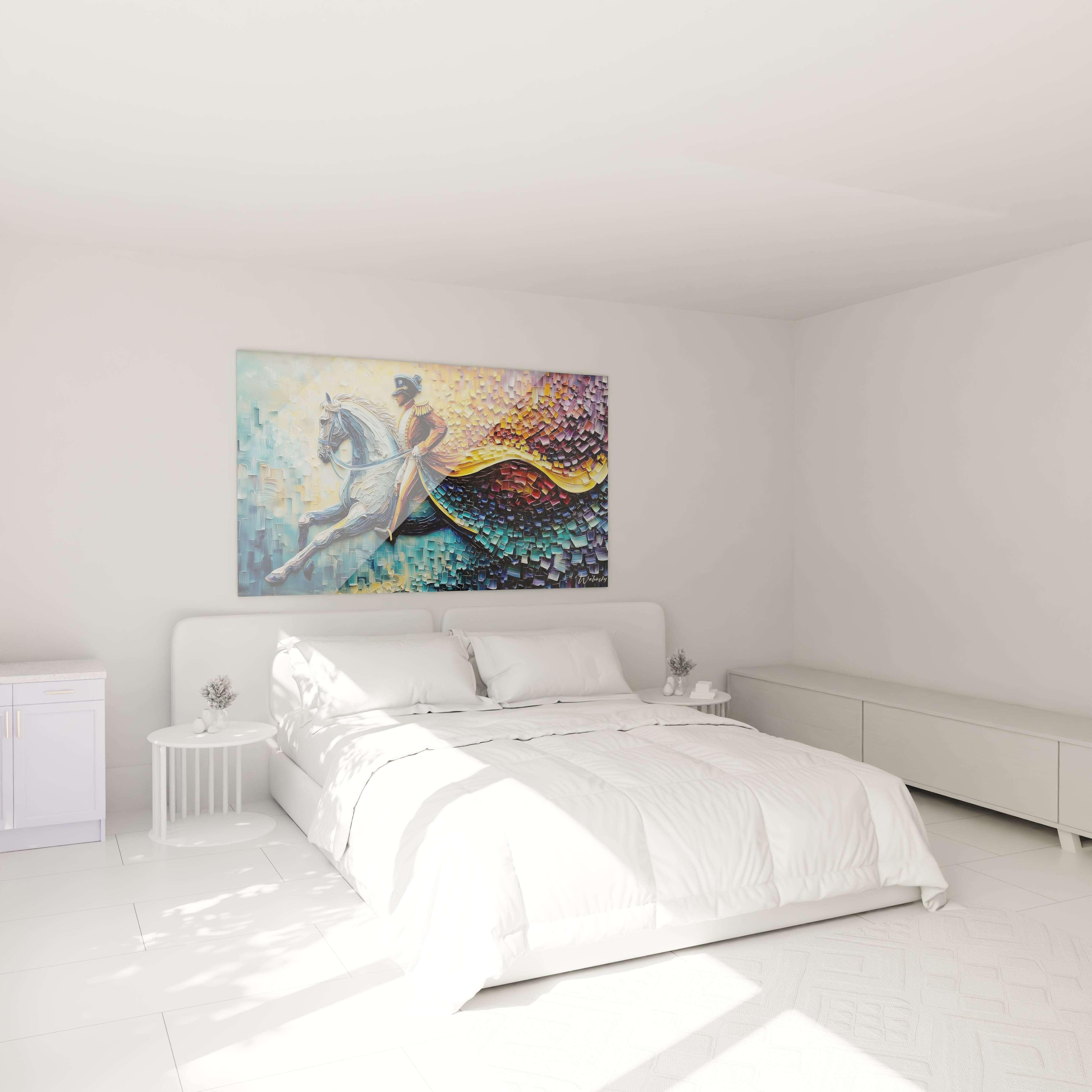 tableau mural Napoléon Walensky coloré au dessus d un lit blanc minimaliste dans une chambre lumineuse