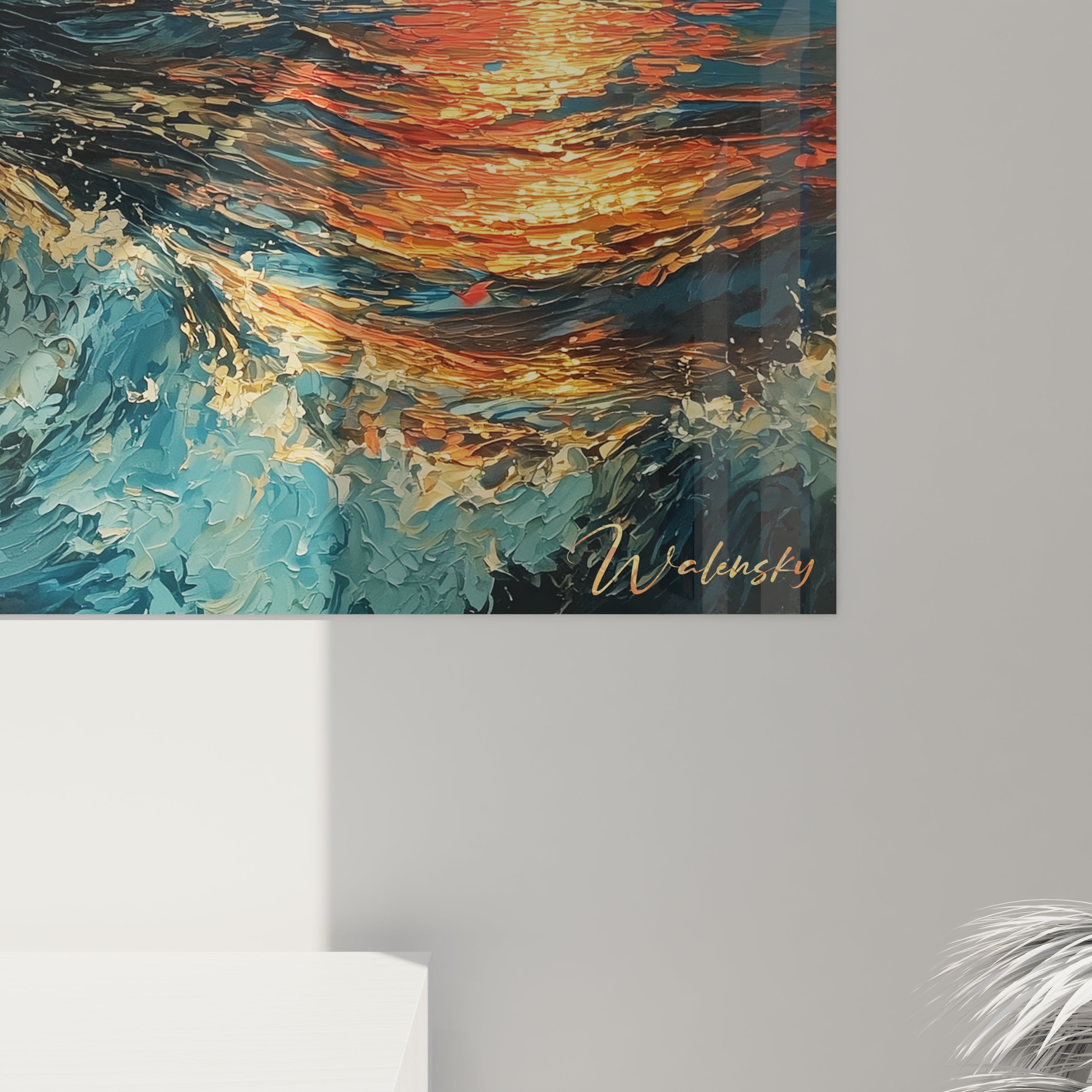 Tableau mural Walensky représentant vagues texturées et reflet de soleil couchant tableau navire Christophe Colomb