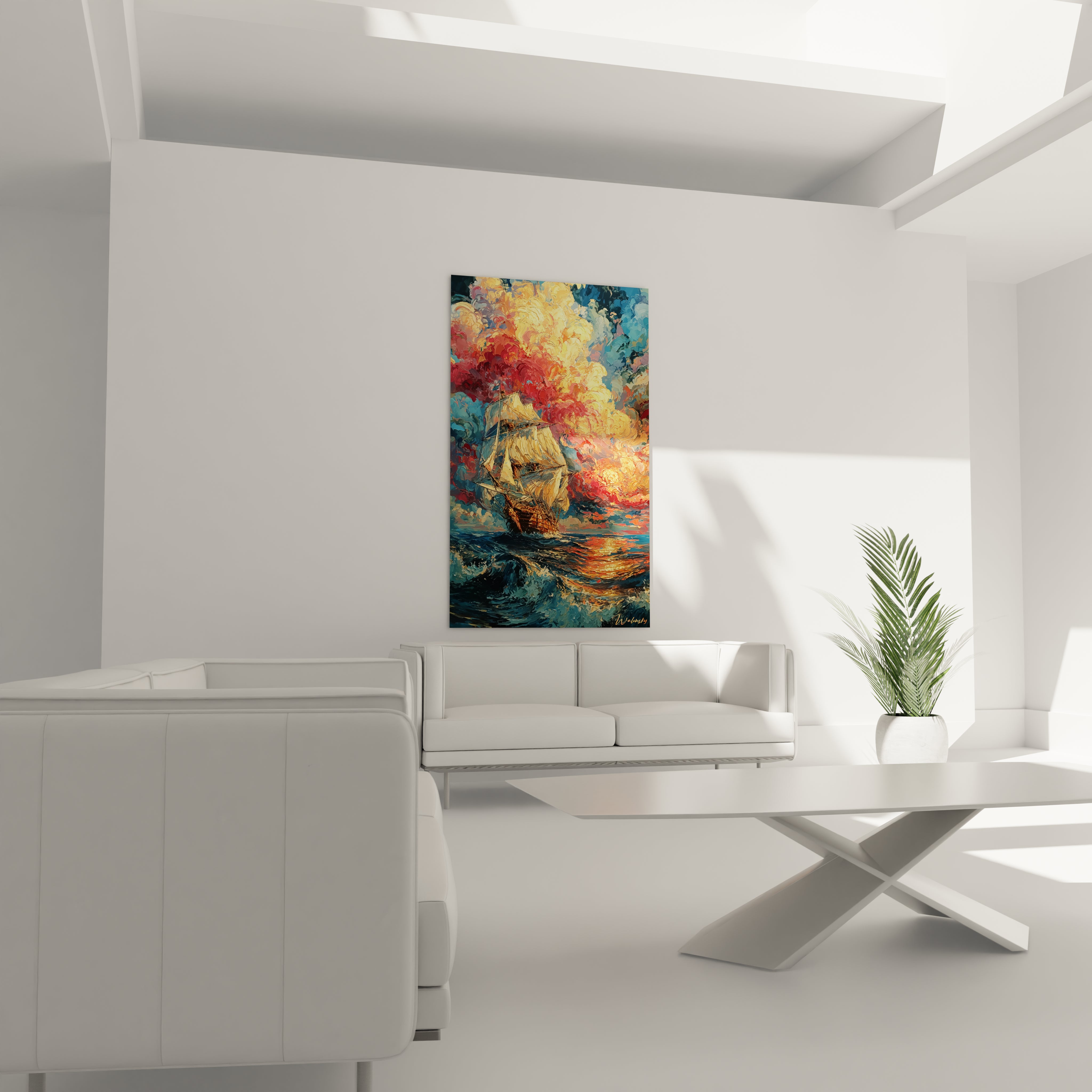 Walensky tableau mural tableau navire Christophe Colomb peinture coloree d un bateau en mer agitee dans salon moderne