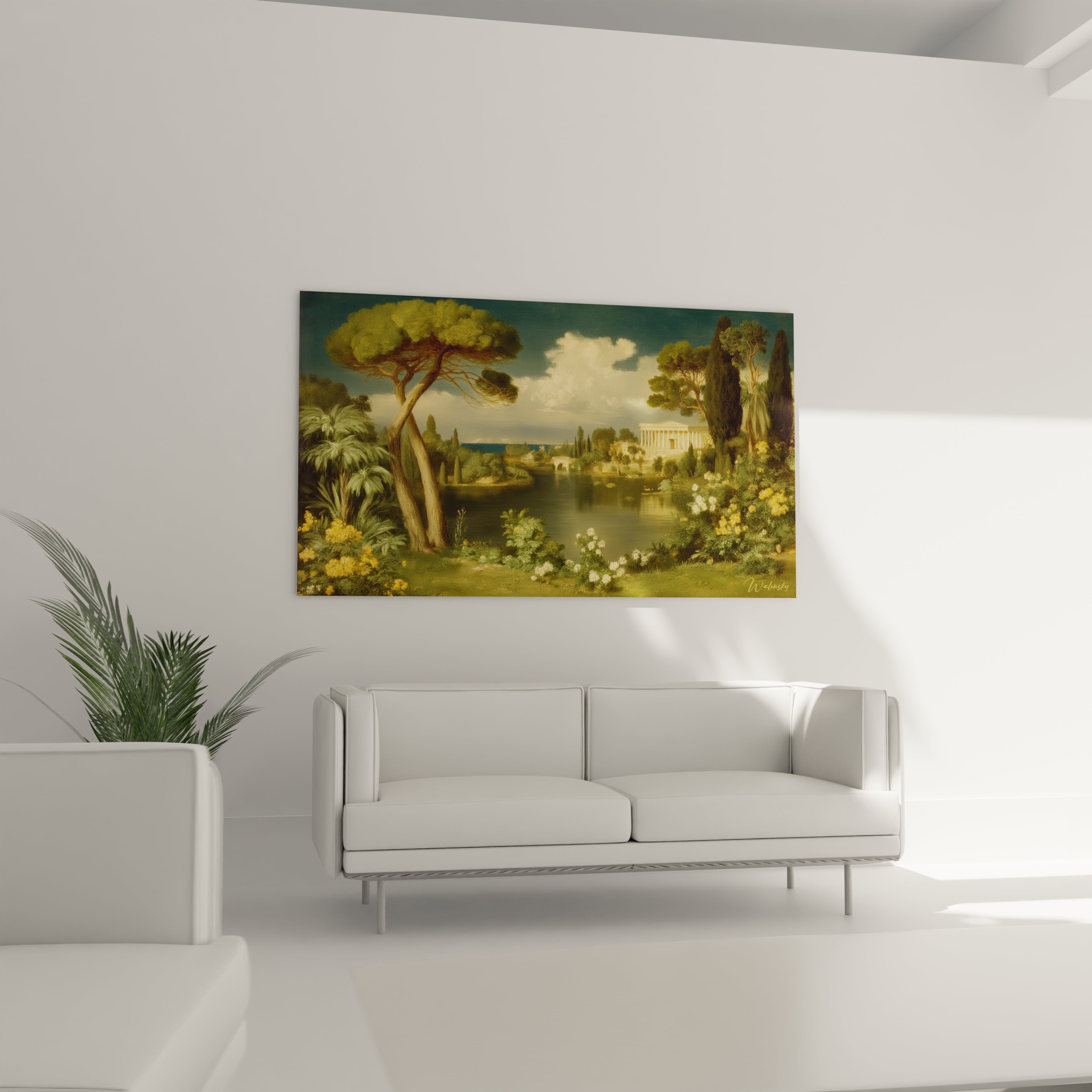 tableau néo classique haut de gamme Walensky paysage classique accroché au dessus d un canapé blanc dans un salon minimaliste