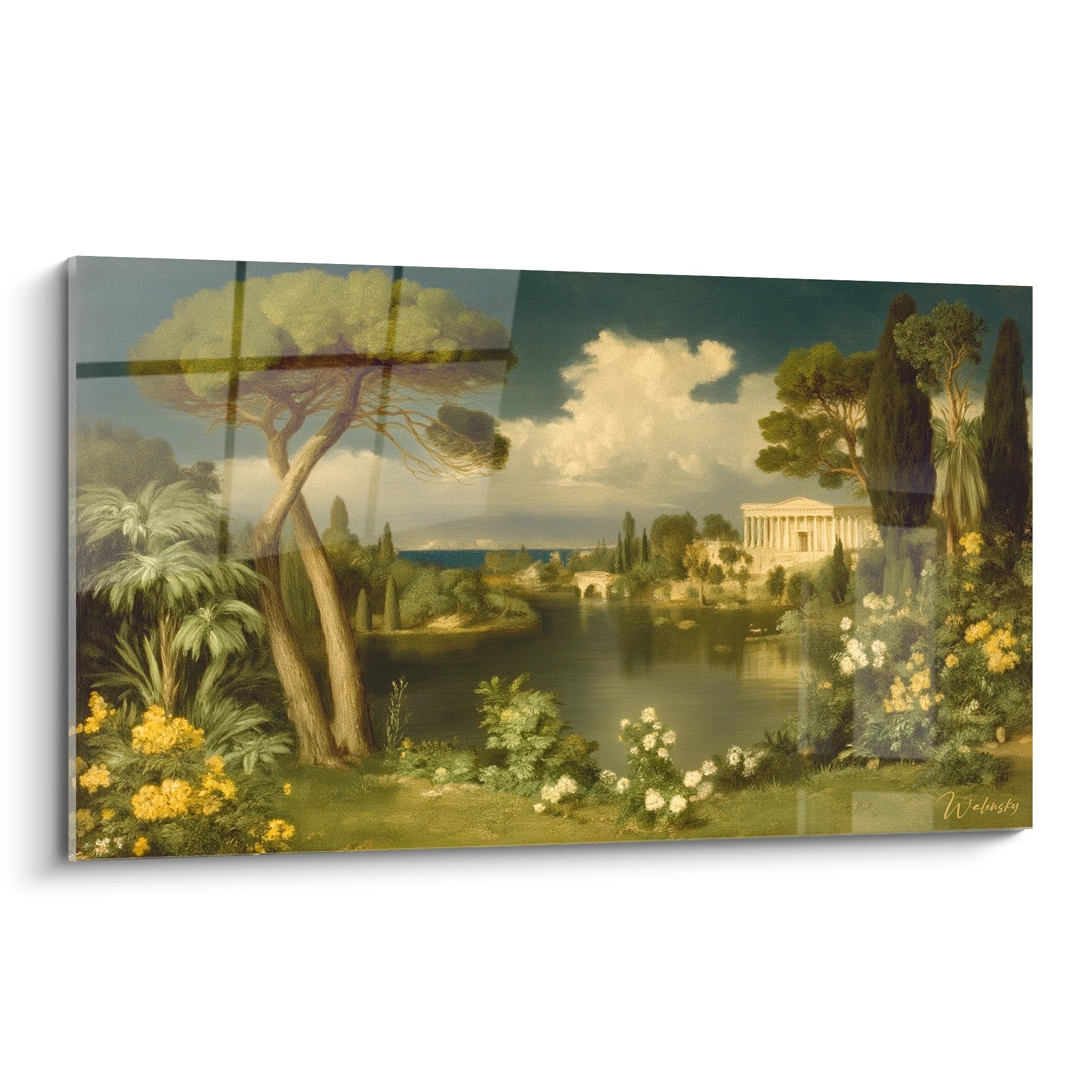 tableau néo classique haut de gamme Walensky représentant paysage lacustre avec temple à colonnes pins et fleurs colorées