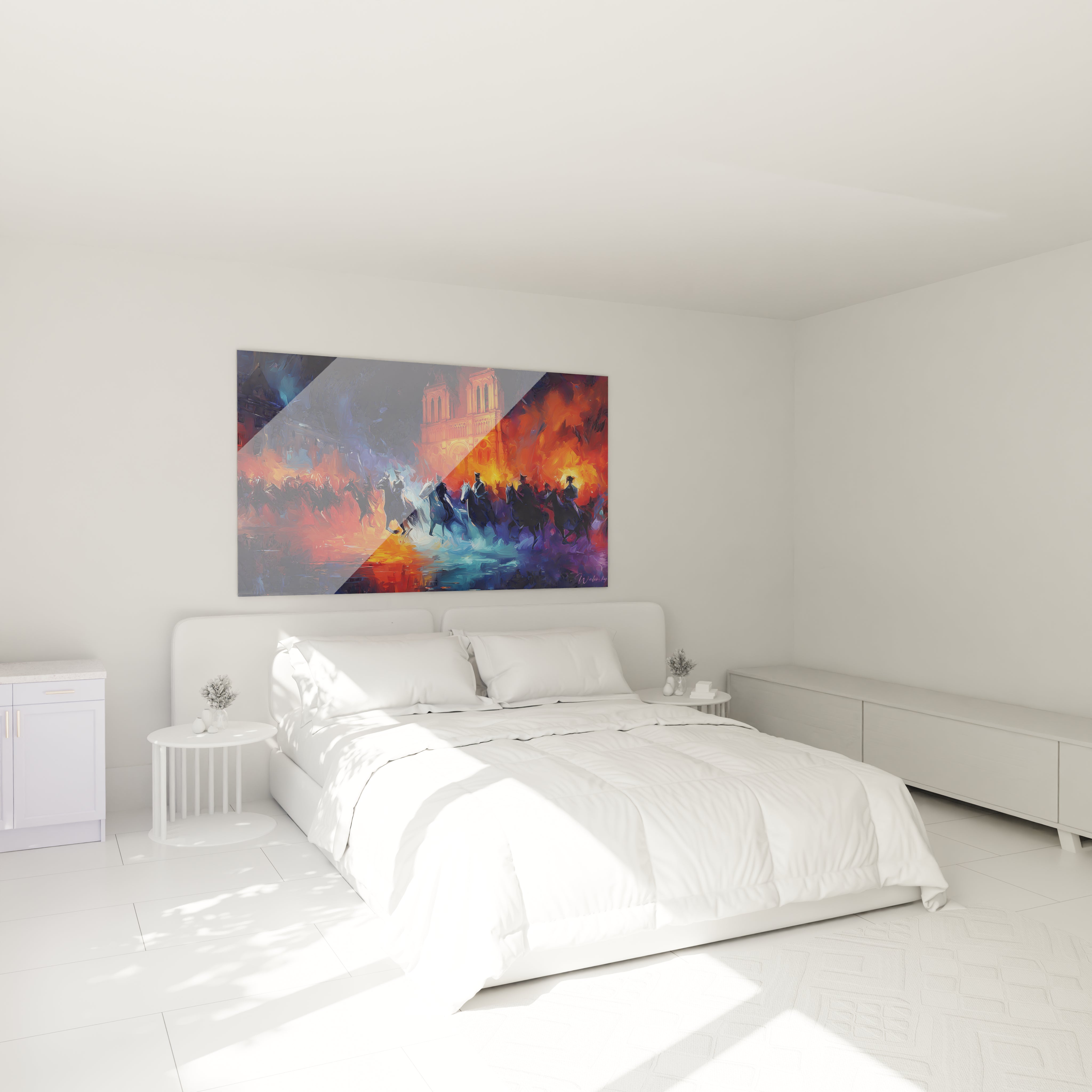 tableau Notre-Dame édition Louis XVI de Walensky au-dessus d'un lit blanc minimaliste dans une chambre claire