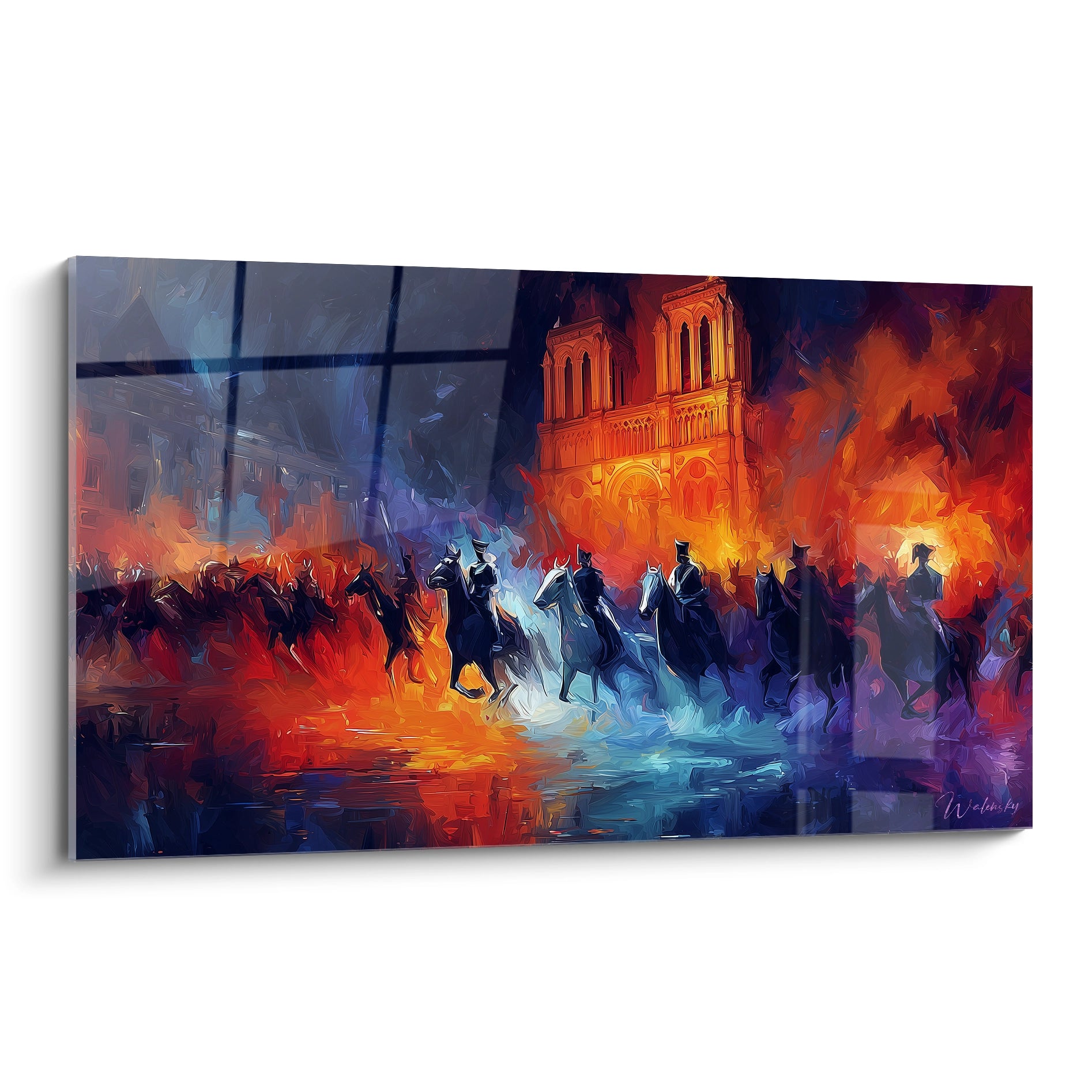 tableau Notre-Dame édition Louis XVI peinture murale Walensky scène dramatique de Notre Dame en flammes et cavaliers