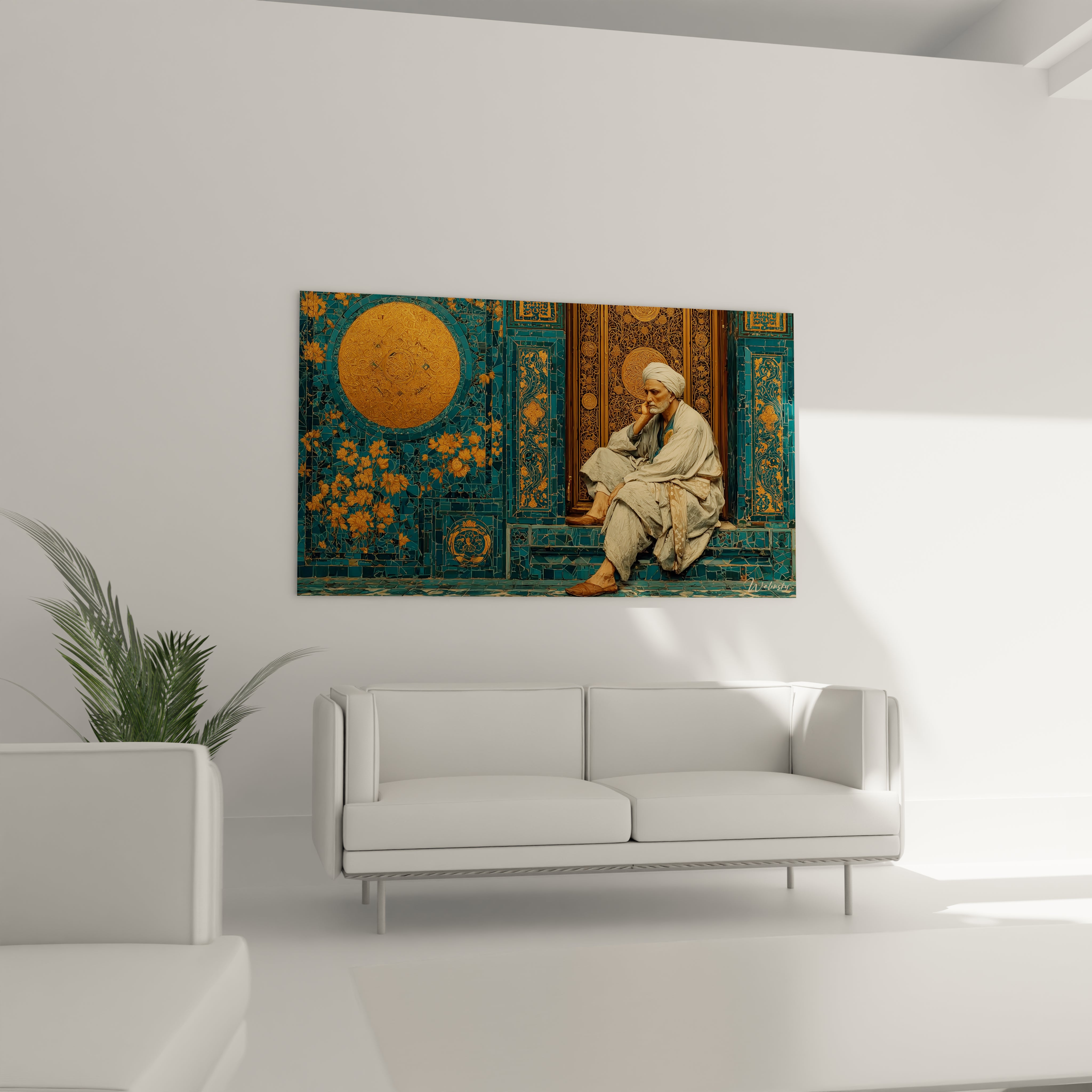 tableau orientalisme haut de gamme Walensky d un homme assis en tenue traditionnelle sur fond turquoise et dore pour salon