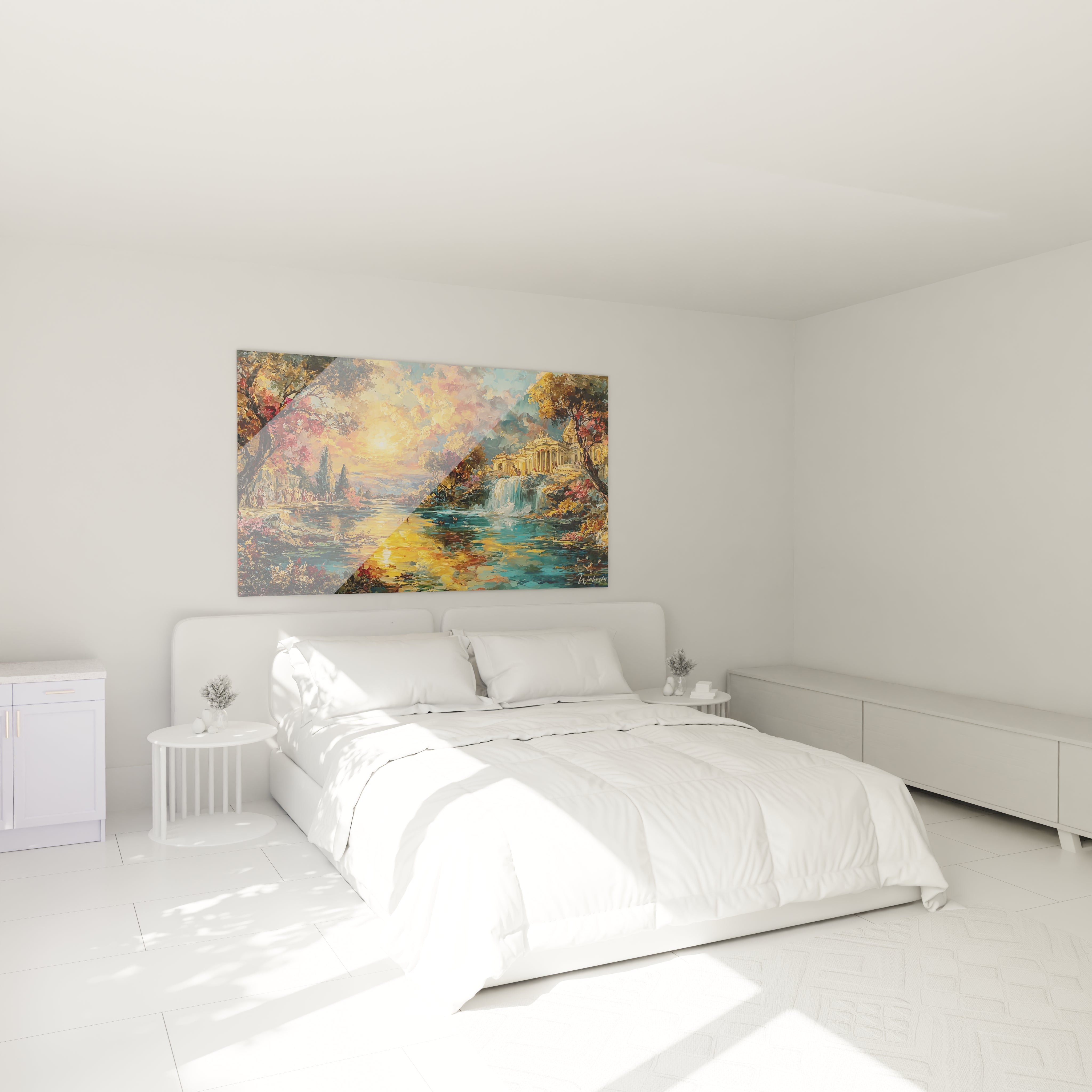 tableau paysage baroque Walensky accroché au dessus d un lit double blanc dans une chambre minimaliste lumineuse