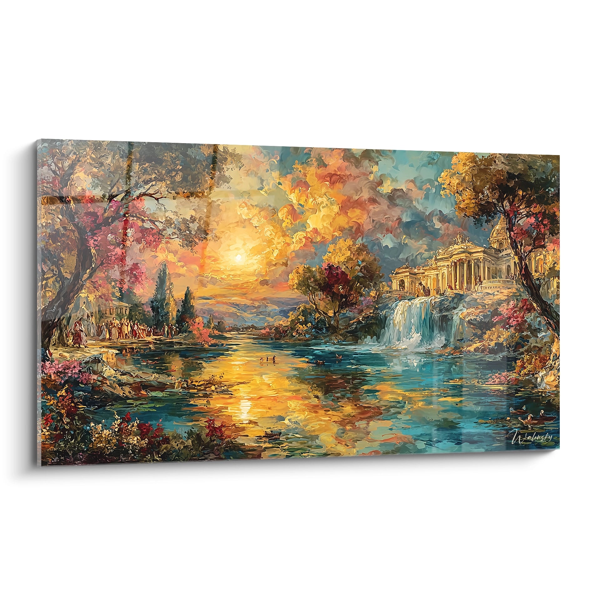 Tableau mural Walensky tableau paysage baroque montrant une cascade coucher de soleil doré arbres colorés et temple classique