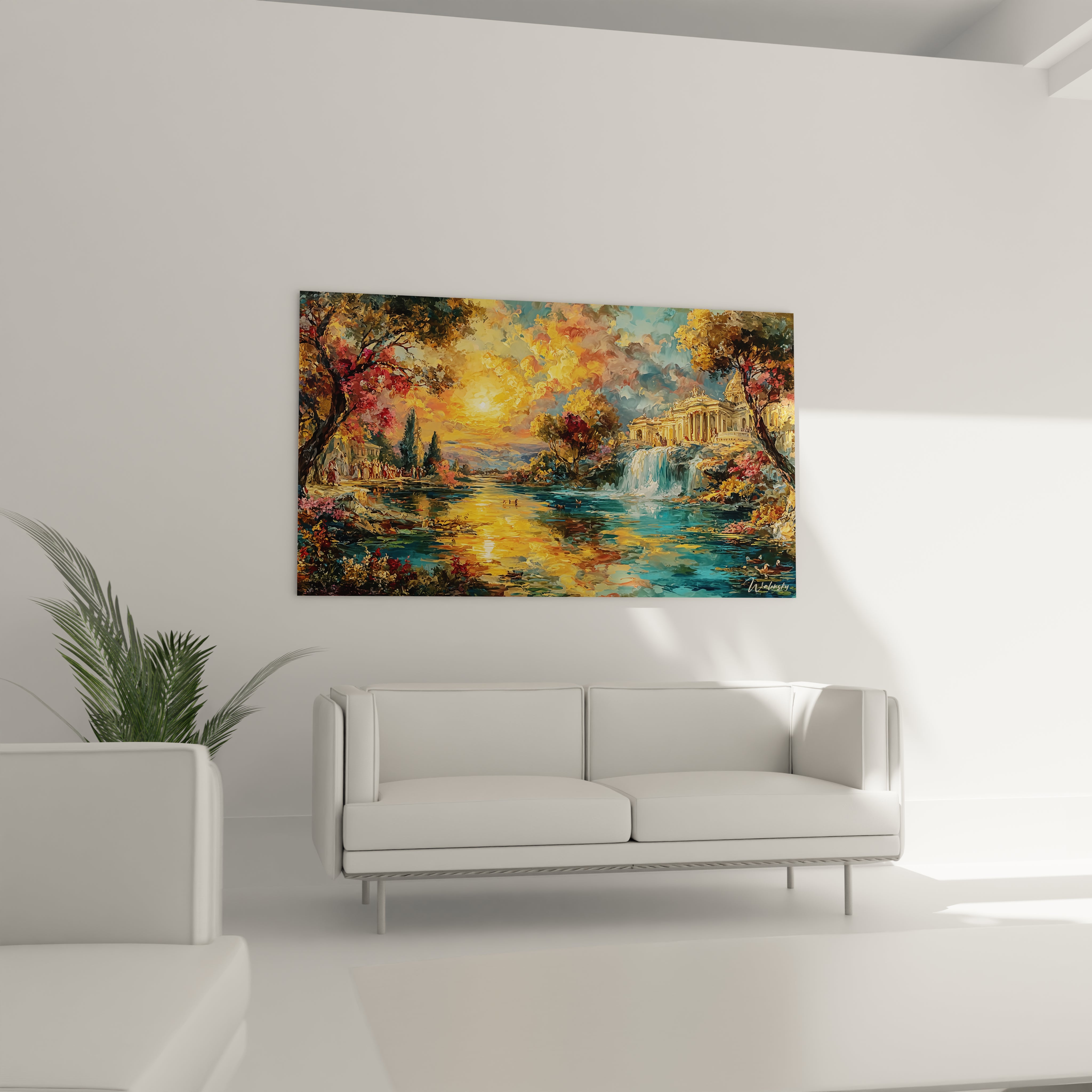 tableau paysage baroque Walensky scène colorée avec cascade temple classique arbres d automne reflet sur eau dans salon blanc