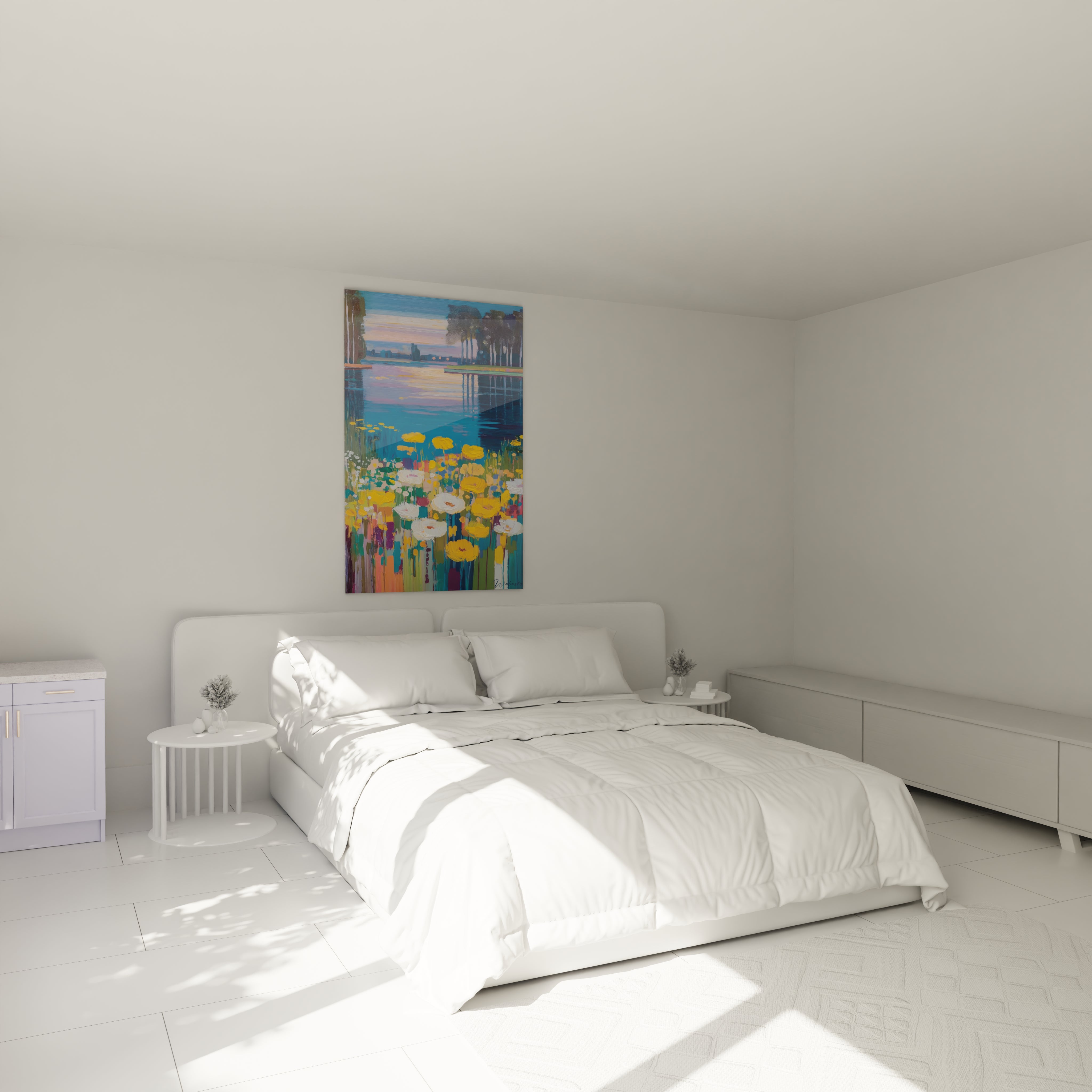 Tableau mural Walensky au dessus du lit dans chambre blanche tableau paysage floral impressionnisme avec fleurs colorées