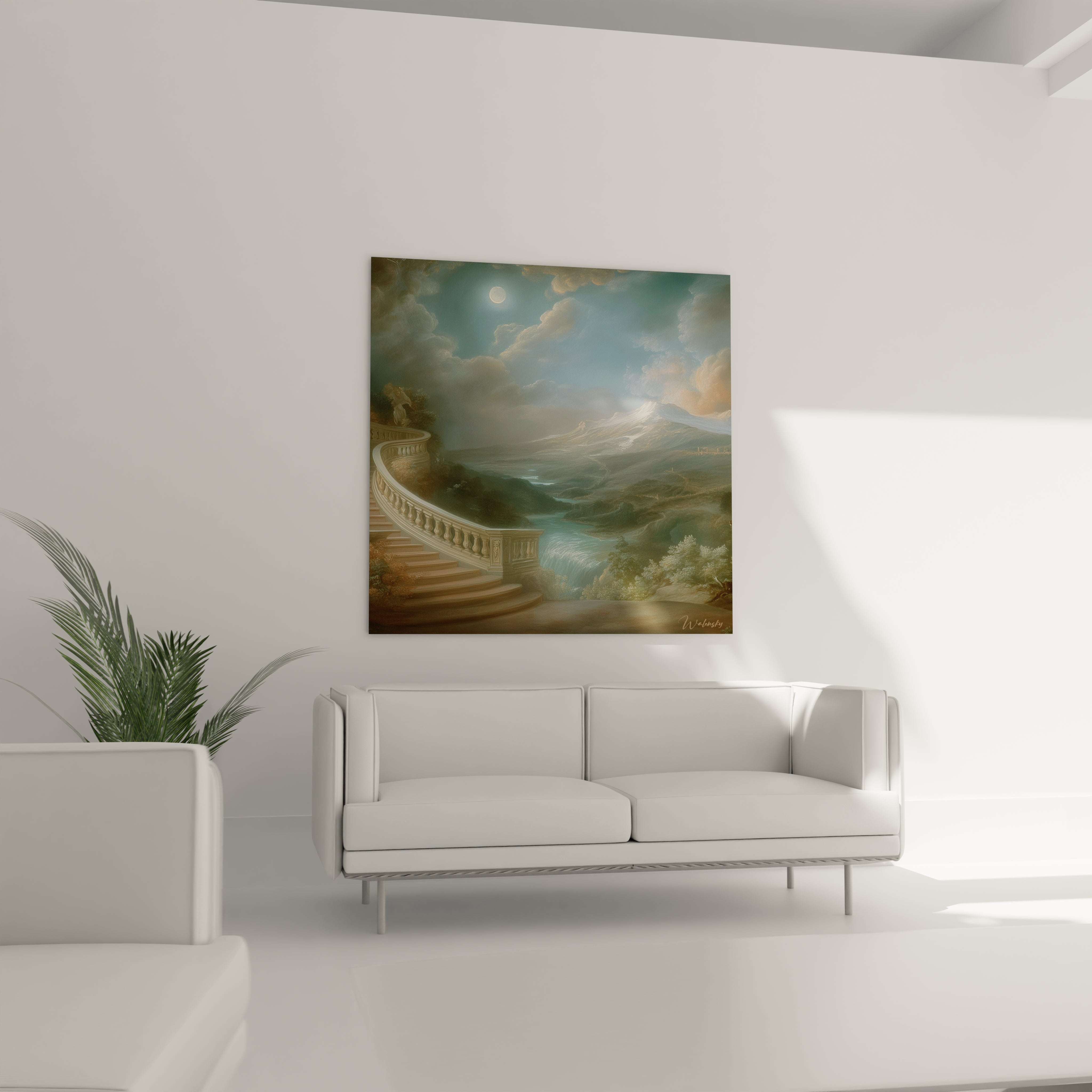 Walensky tableau paysage lune argentée mural montrant un balcon en pierre, mer agitée et ciel lunaire au dessus d'un canapé blanc