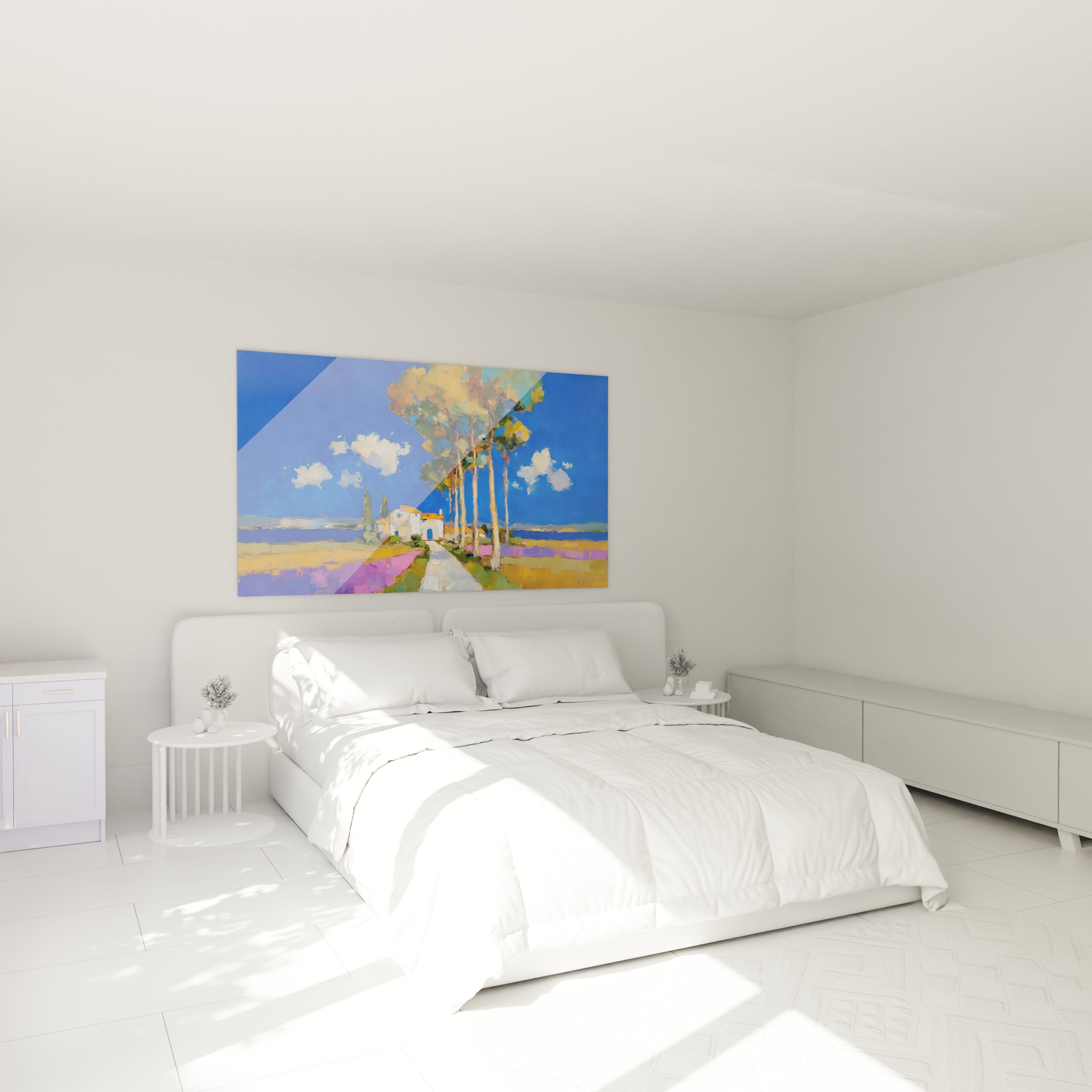 Walensky tableau paysage méditerranéen coloré au dessus d un lit double dans une chambre blanche minimaliste