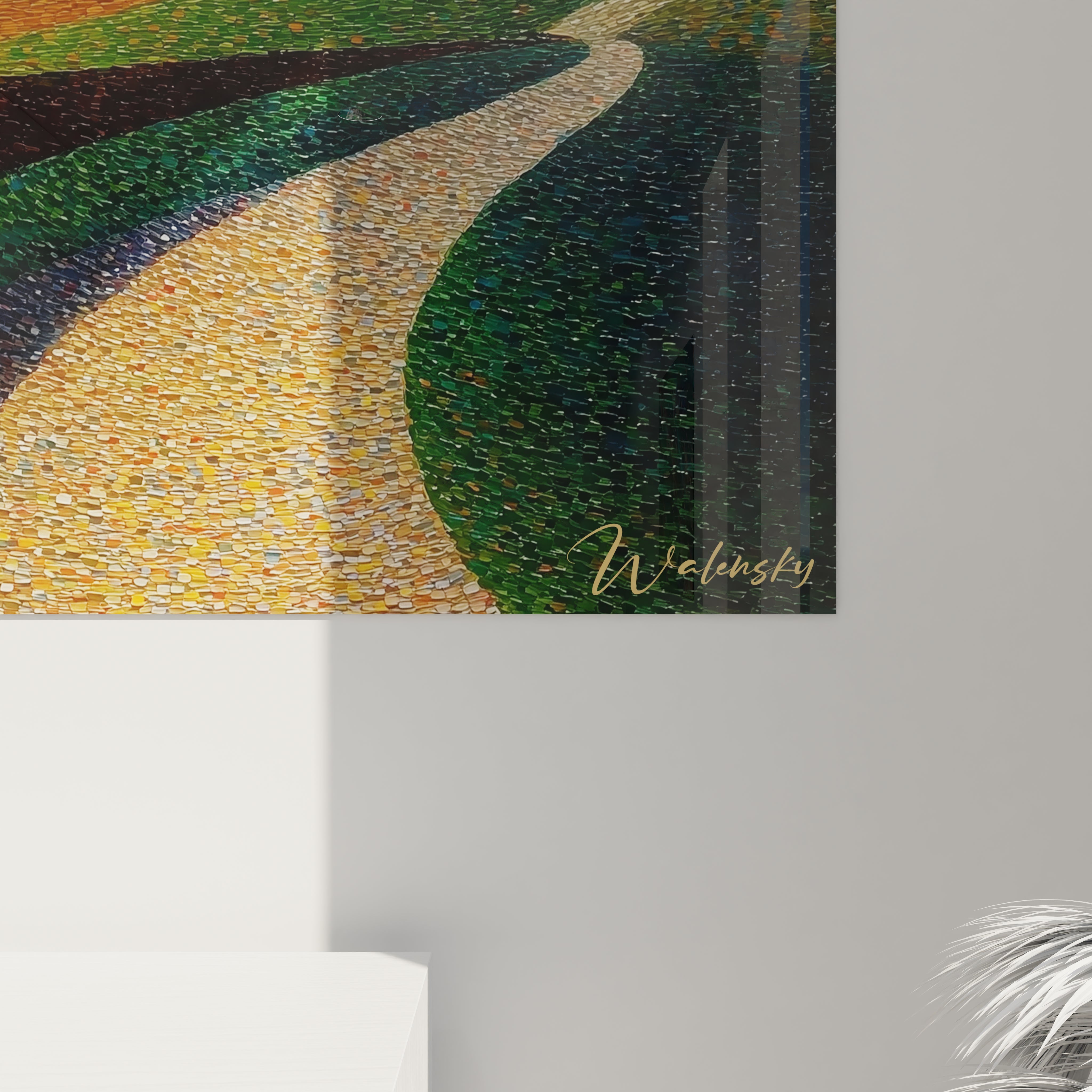 Tableau mural Walensky montrant chemin jaune sinueux et verts mosaïques, tableau paysage méditerranéen pointillisme