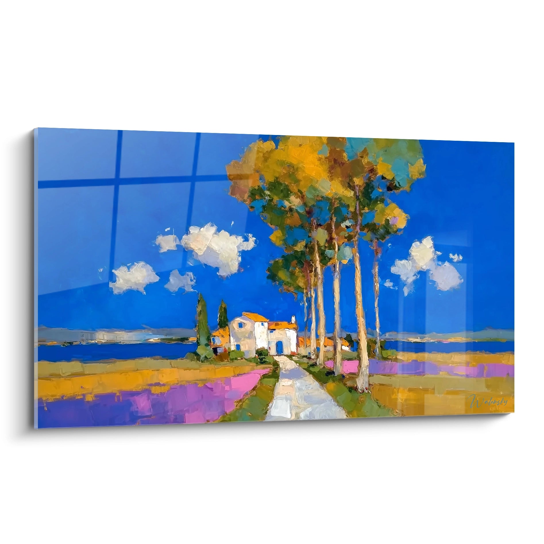 Walensky tableau paysage méditerranéen représentant maison blanche, chemin rural, cyprès et champs colorés