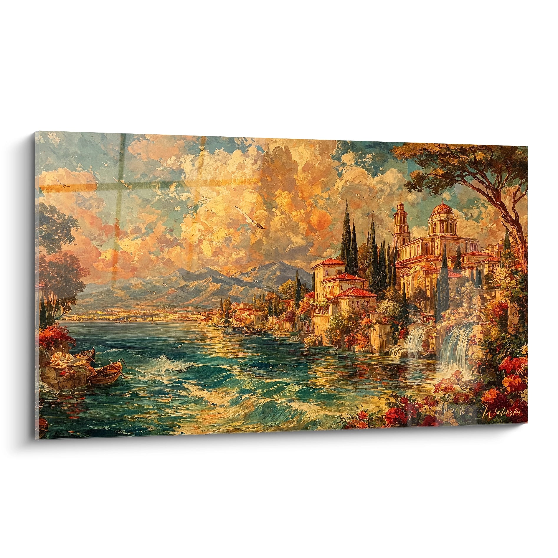 Walensky tableau mural tableau paysage méditerranéen montrant une côte ensoleillée avec villas en pierre cyprès cascade et barque