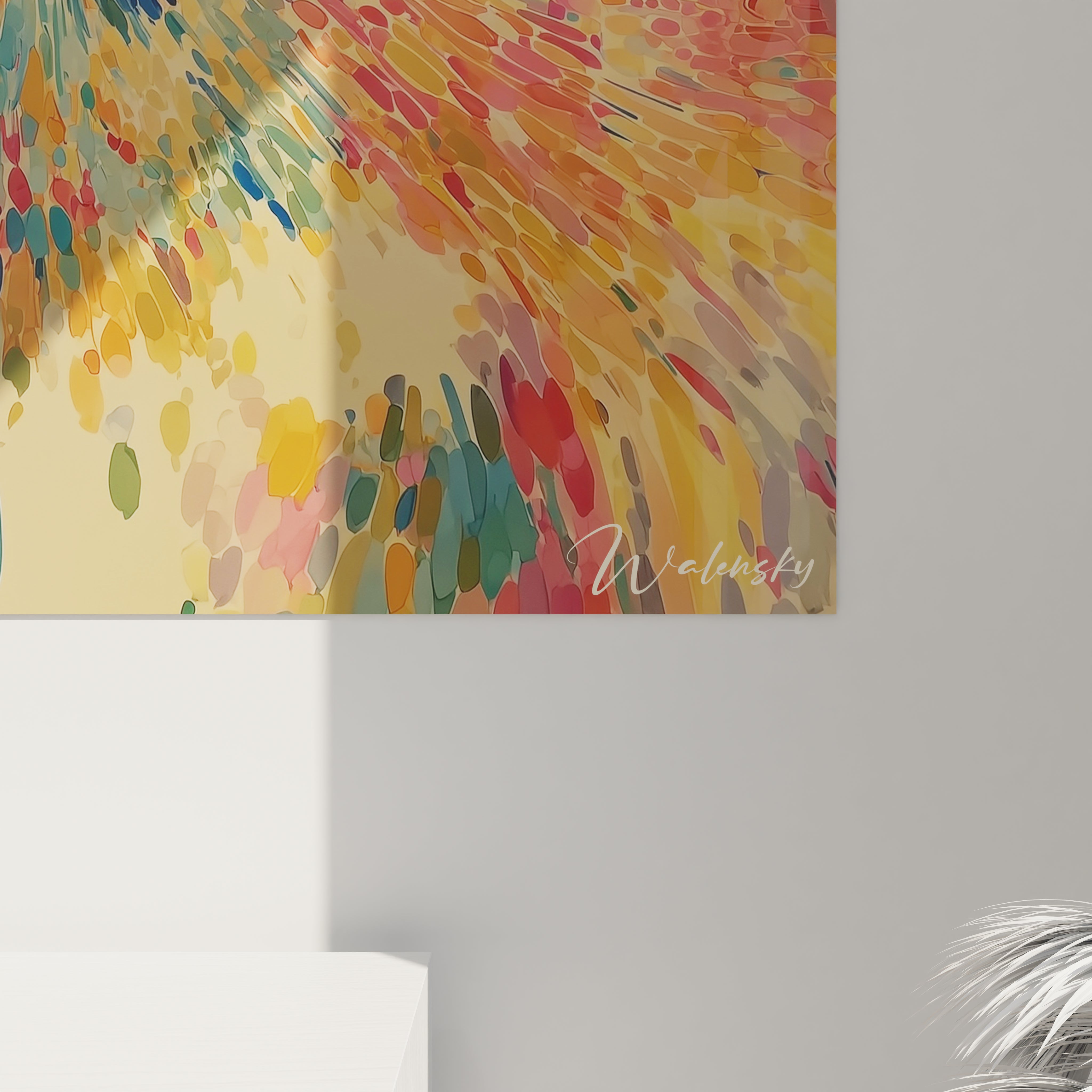 Tableau mural Walensky abstrait et coloré signé tableau pointillisme paysage fluvial en jaune et pastels