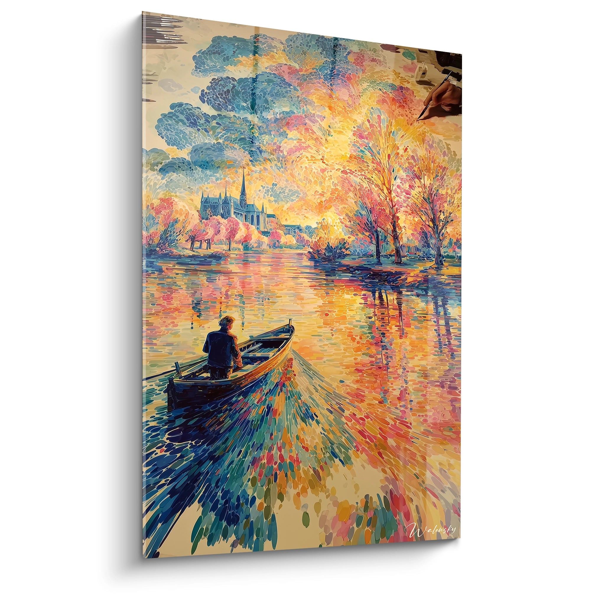 Tableau mural Walensky tableau pointillisme paysage fluvial coloré montrant un homme en barque et une église en reflet