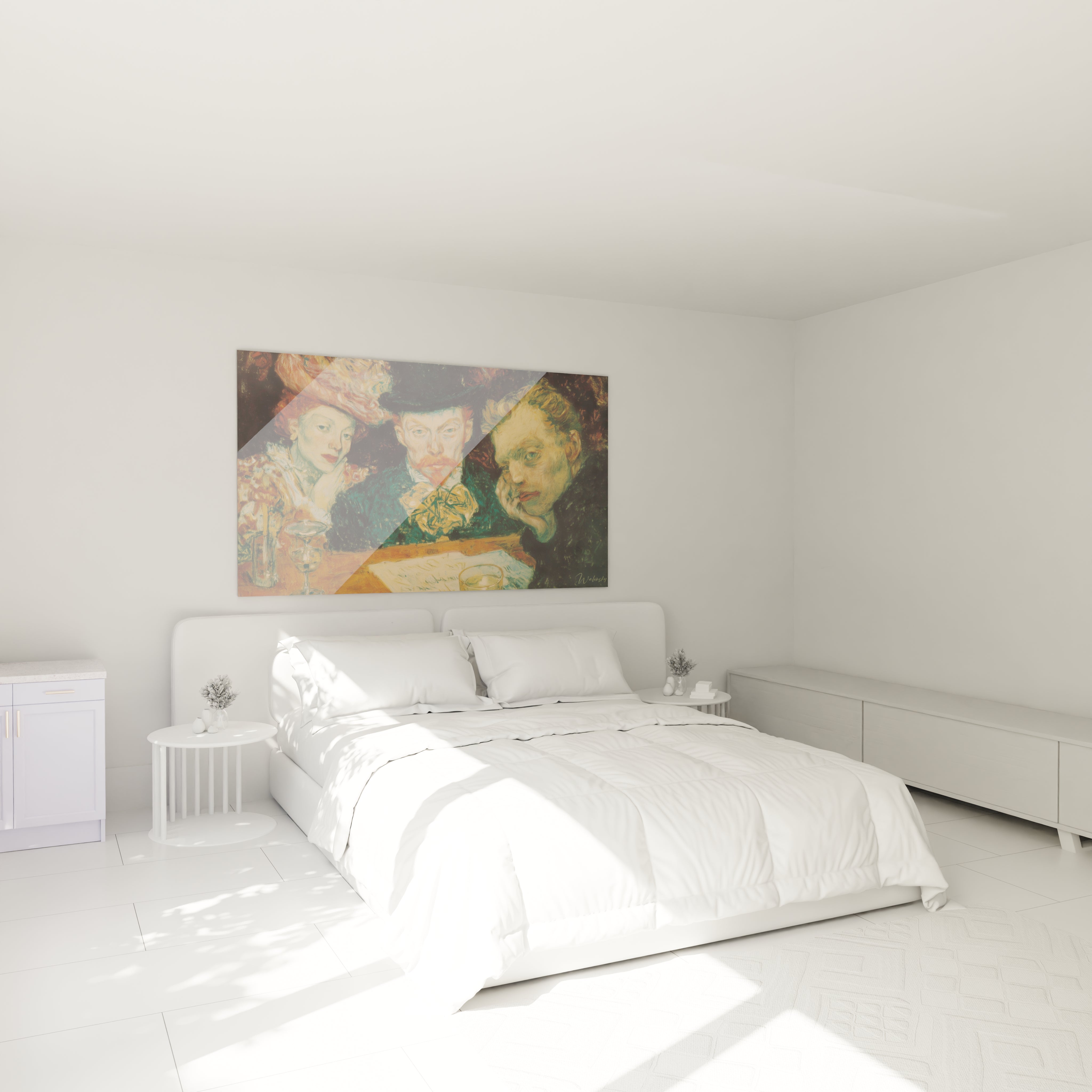 tableau post impressionnisme personnages Walensky accroche au dessus d un lit blanc minimaliste pour chambre moderne