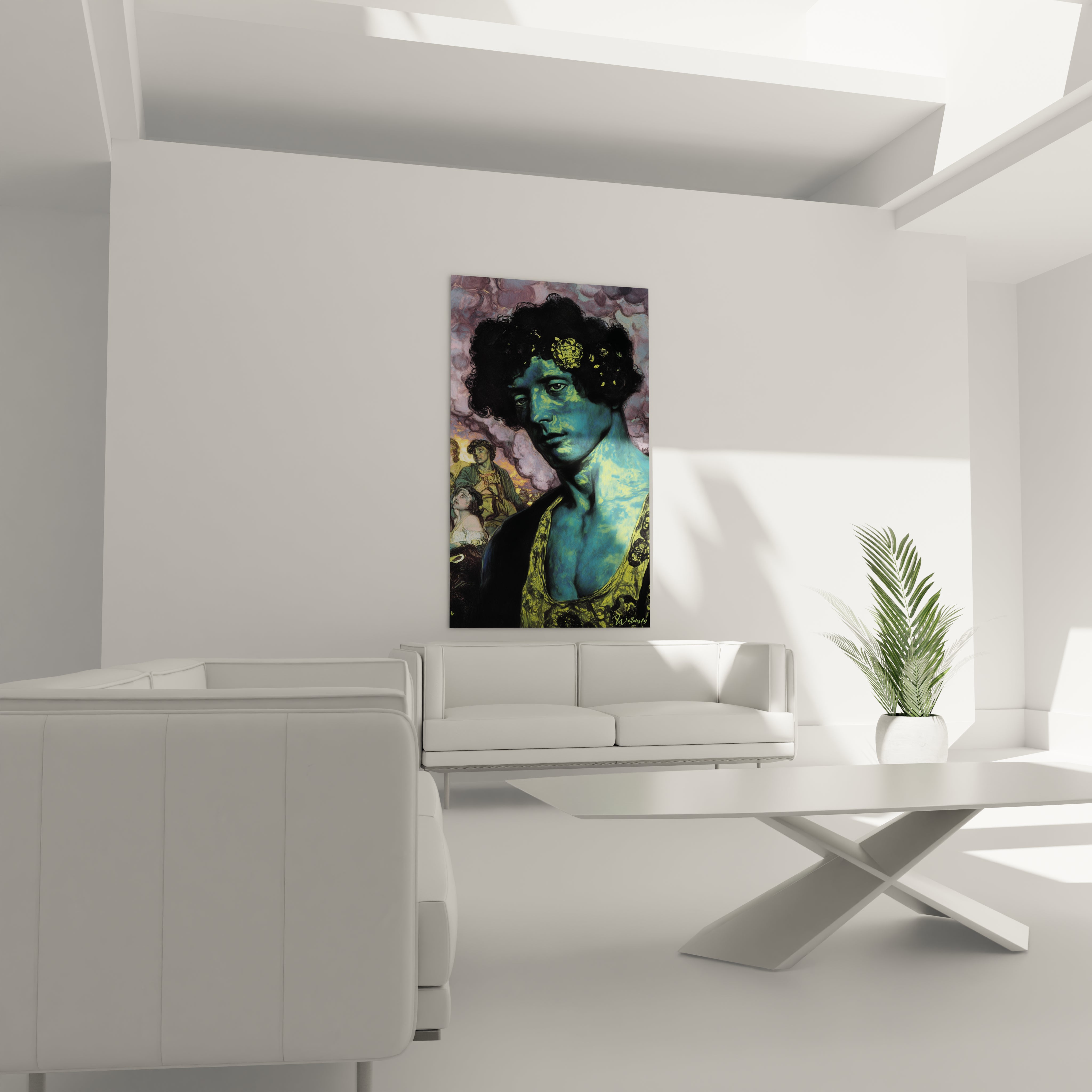 tableau préraphaélite moderne Walensky portrait féminin bleu vert sur toile accroché au dessus d'un canapé blanc
