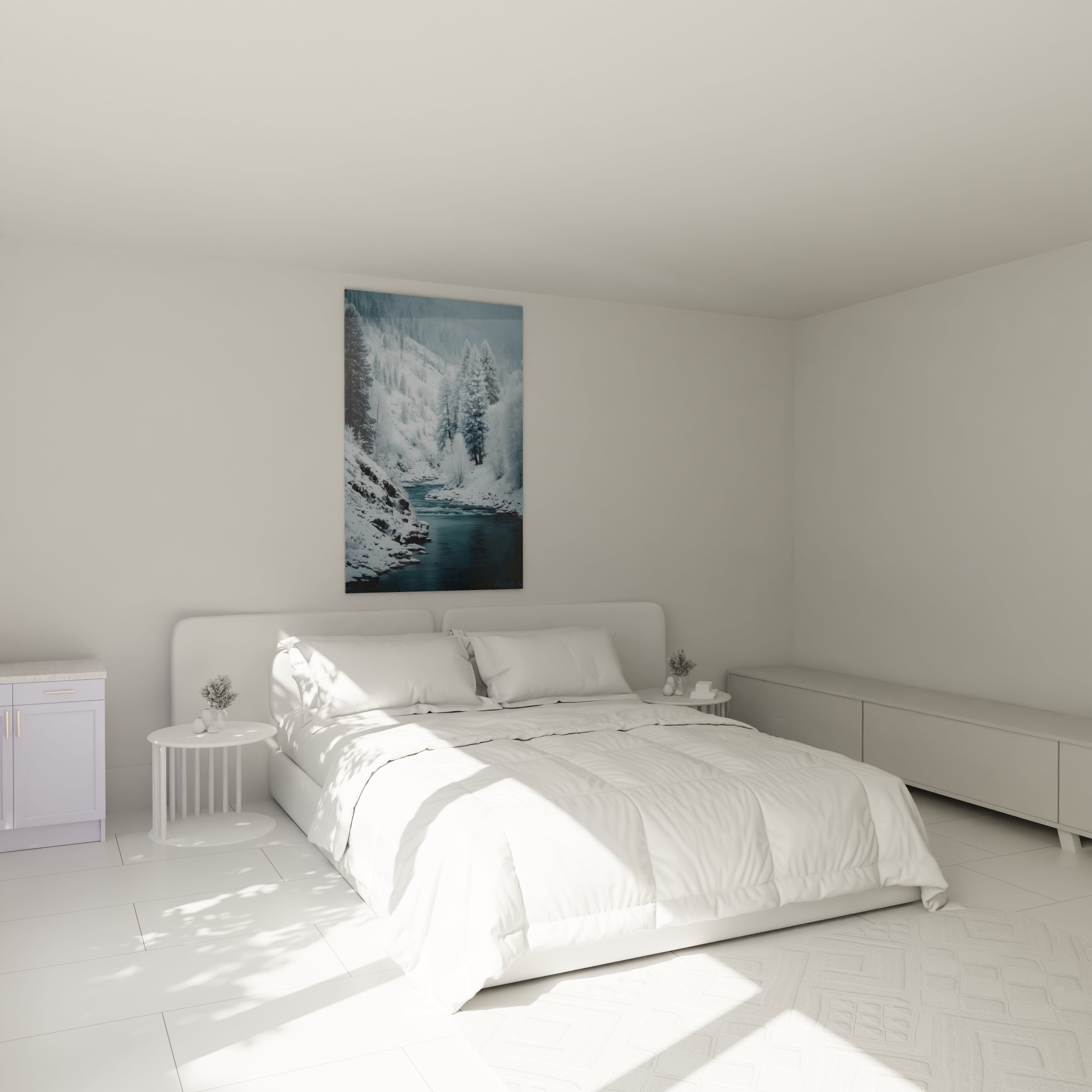tableau rivière hivernale Walensky dans chambre minimaliste blanche, paysage neigeux vertical au dessus du lit