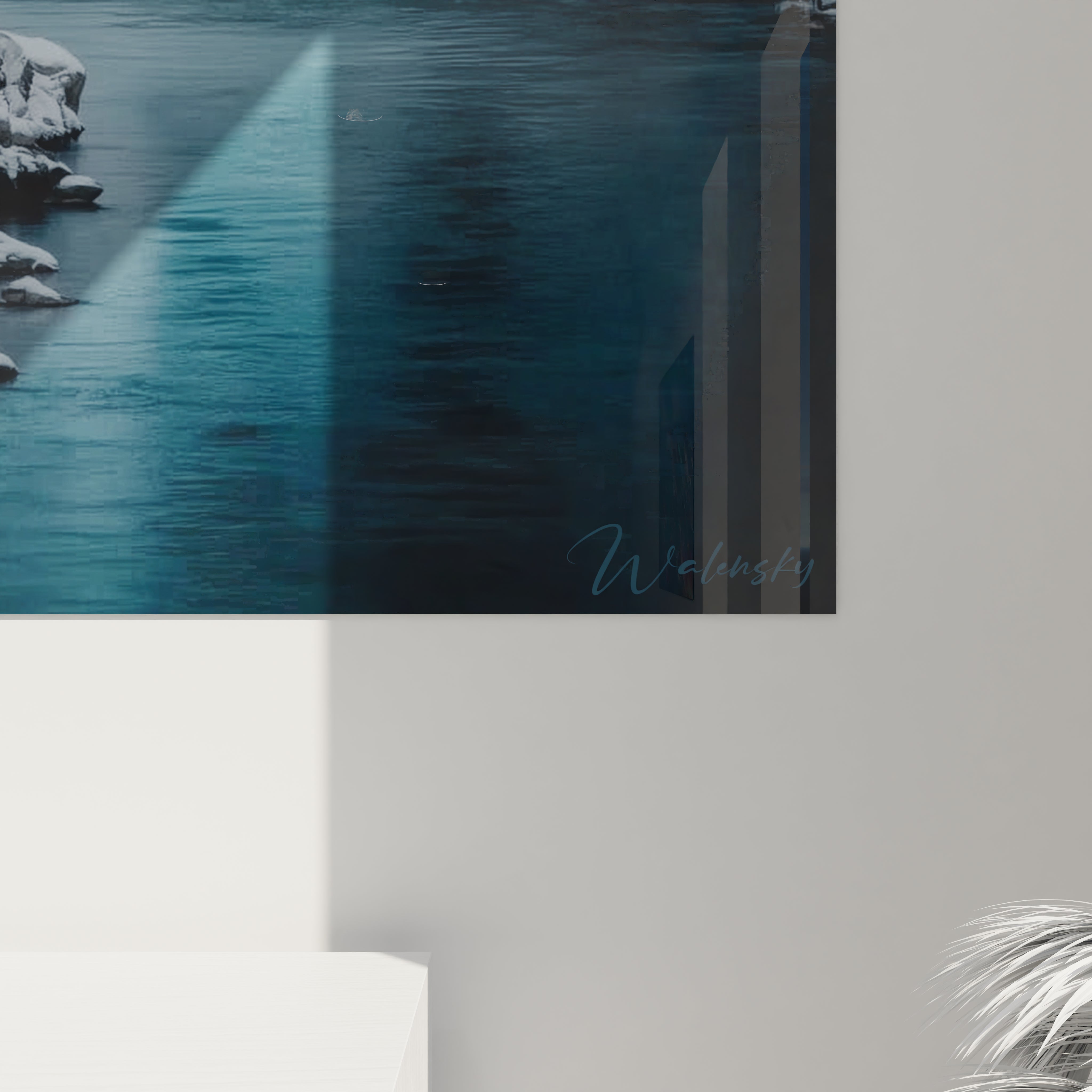 Tableau mural Walensky montrant un tableau rivière hivernale aux textures épaisses et reflets colorés