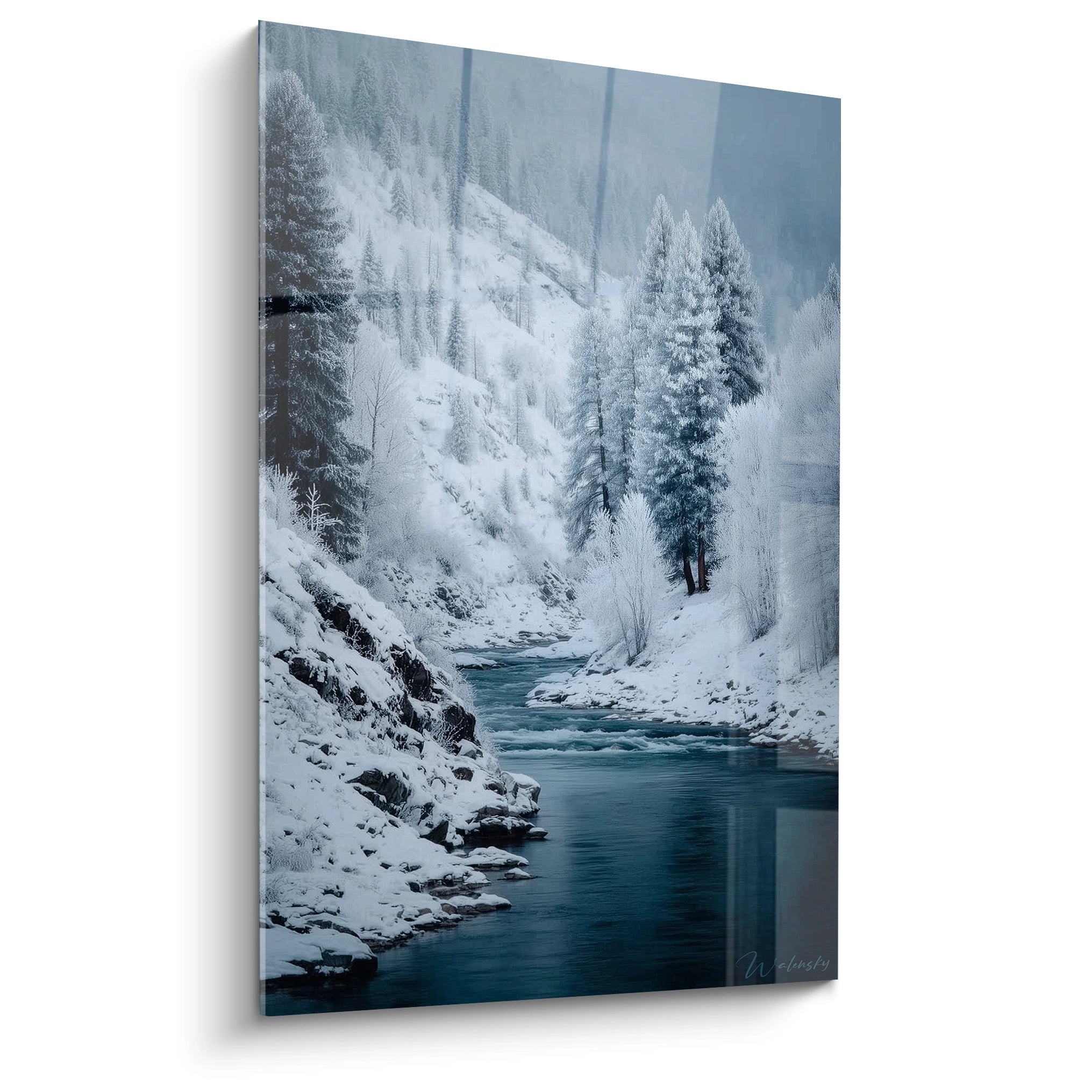 Walensky tableau rivière hivernale sur toile paysage hivernal neigeux avec rivière bleue et arbres