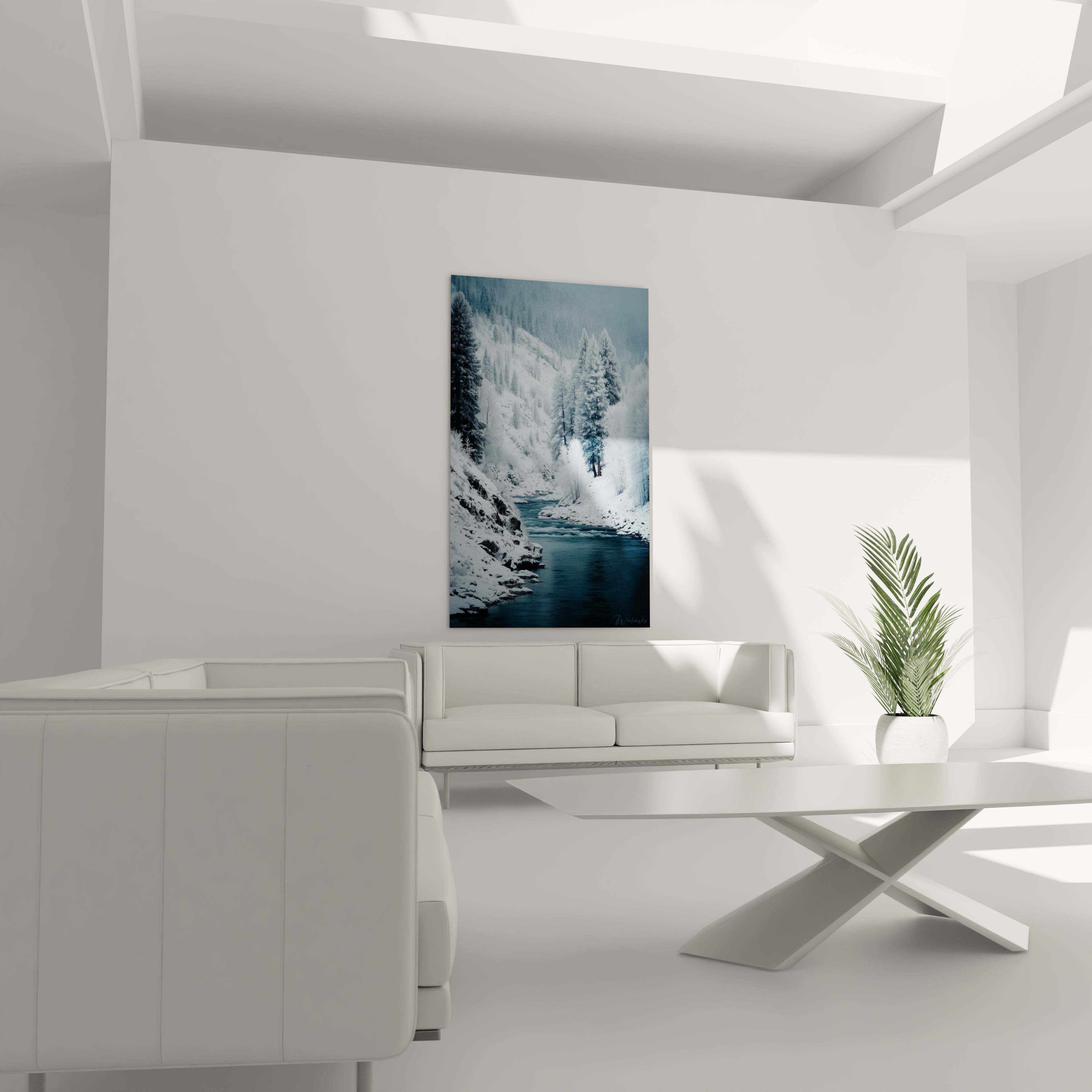 Walensky tableau rivière hivernale mural avec paysage neigeux et rivière bleue dans salon minimaliste
