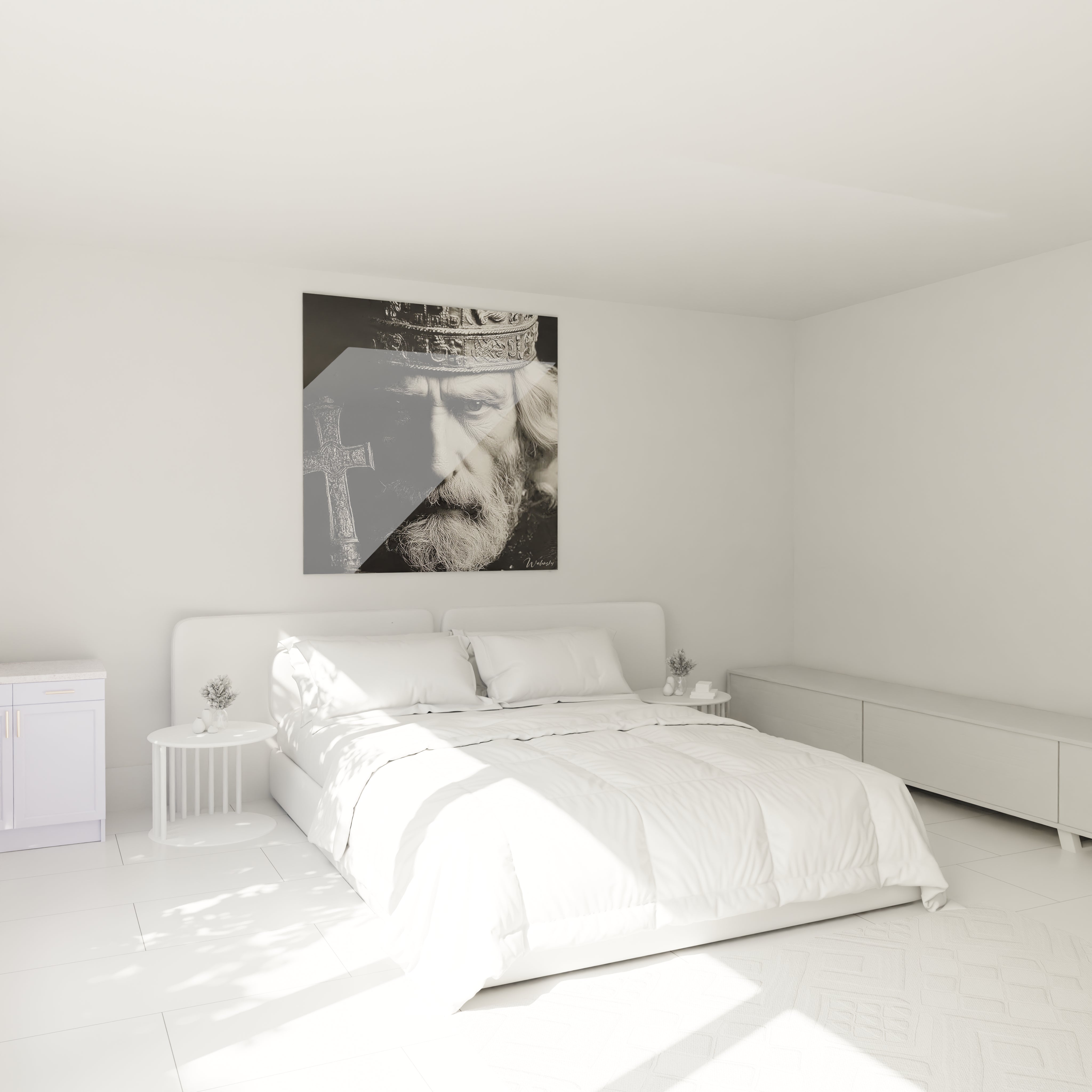 tableau roi barbe d'argent Walensky accroché au dessus d un lit blanc minimaliste dans une chambre lumineuse