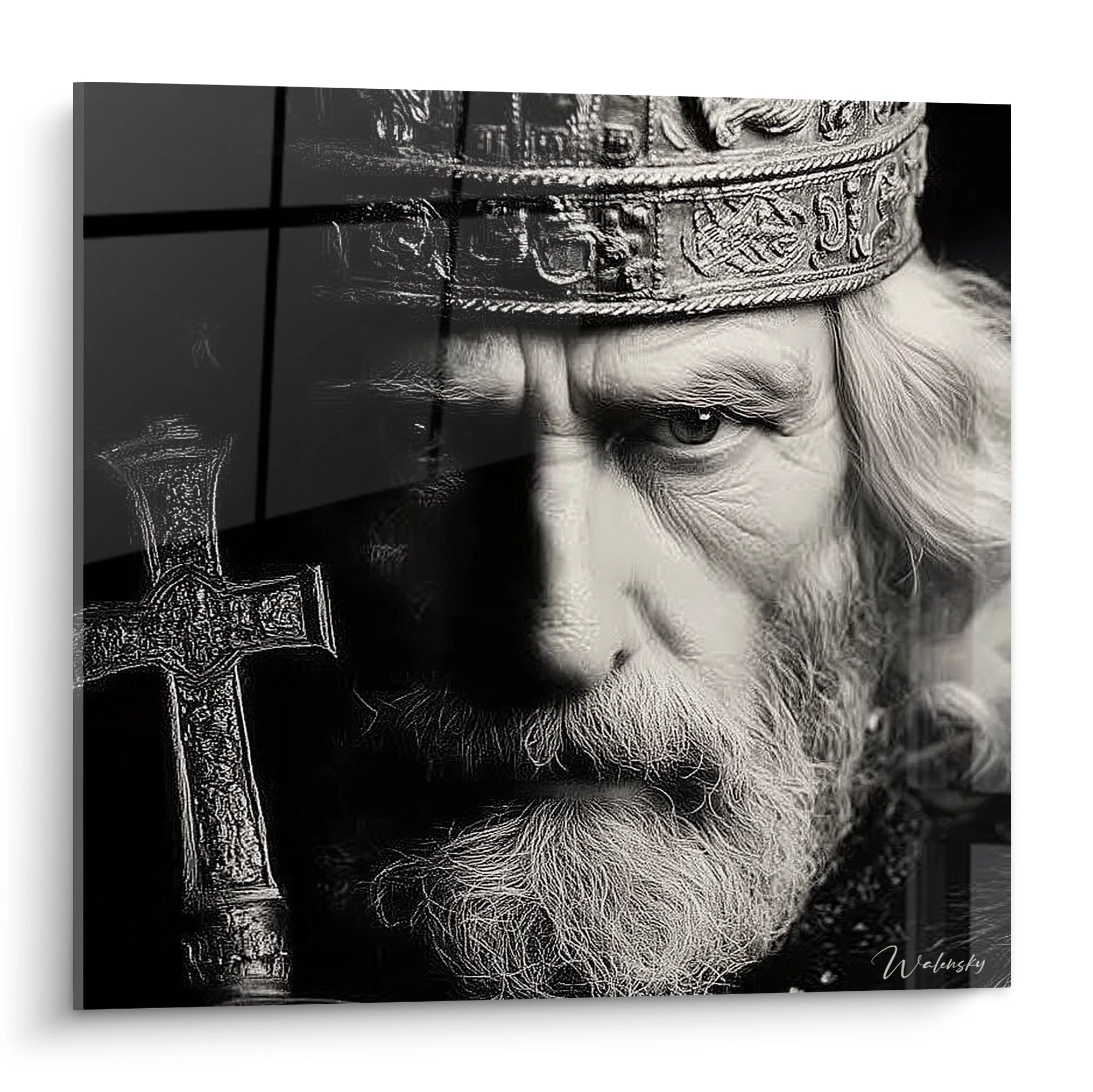 Tableau mural Walensky tableau roi barbe d'argent en noir et blanc gros plan d'un roi barbu avec couronne