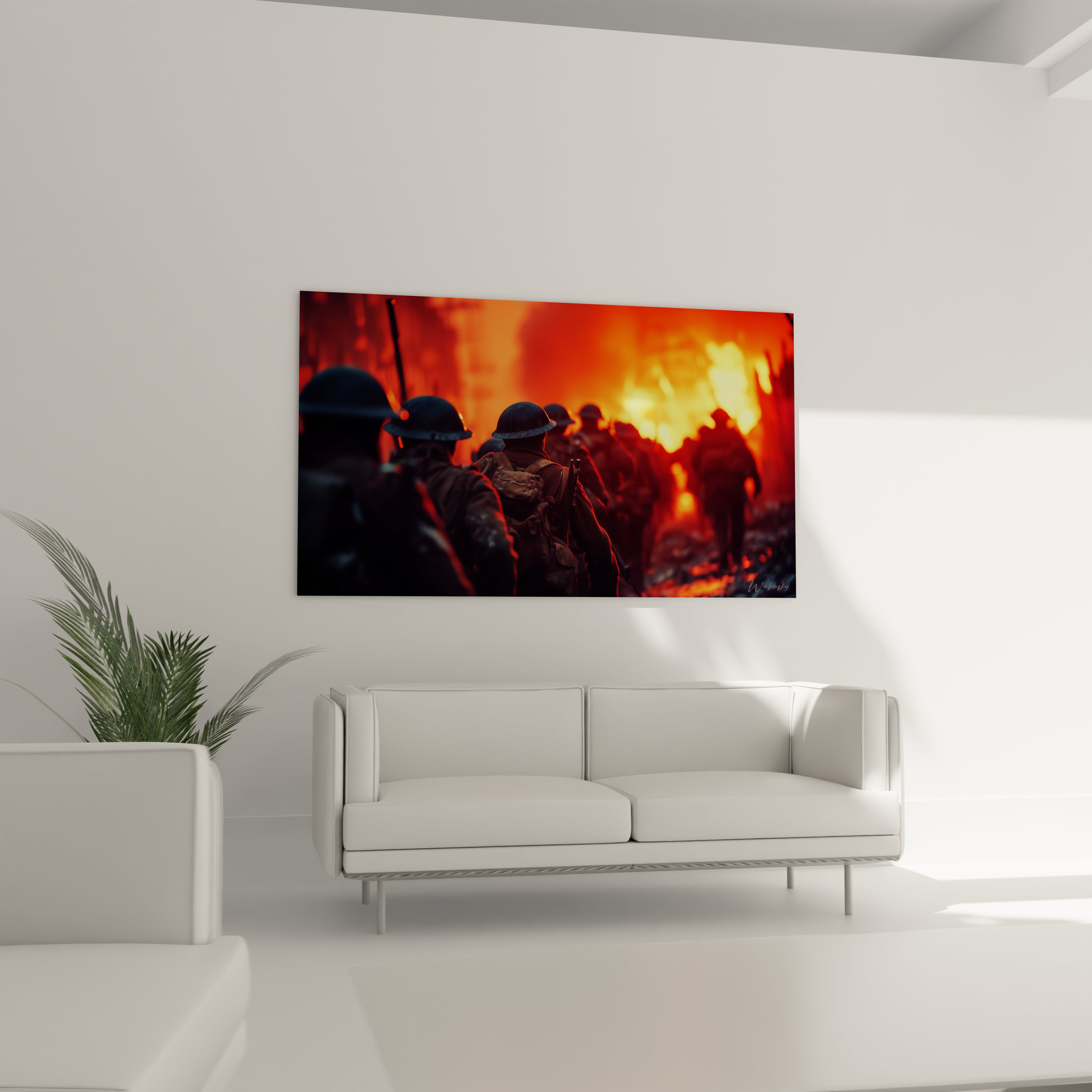 tableau soldats première guerre mondiale Walensky tableau mural montrant des soldats en file devant un incendie