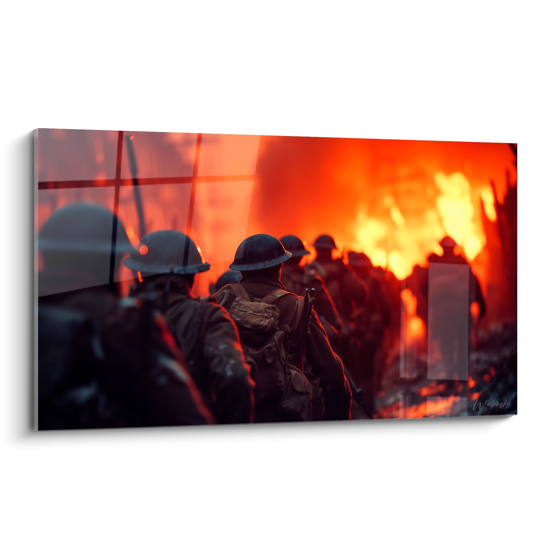 tableau soldats première guerre mondiale Walensky toile murale scène de soldats en marche devant feu orange vif
