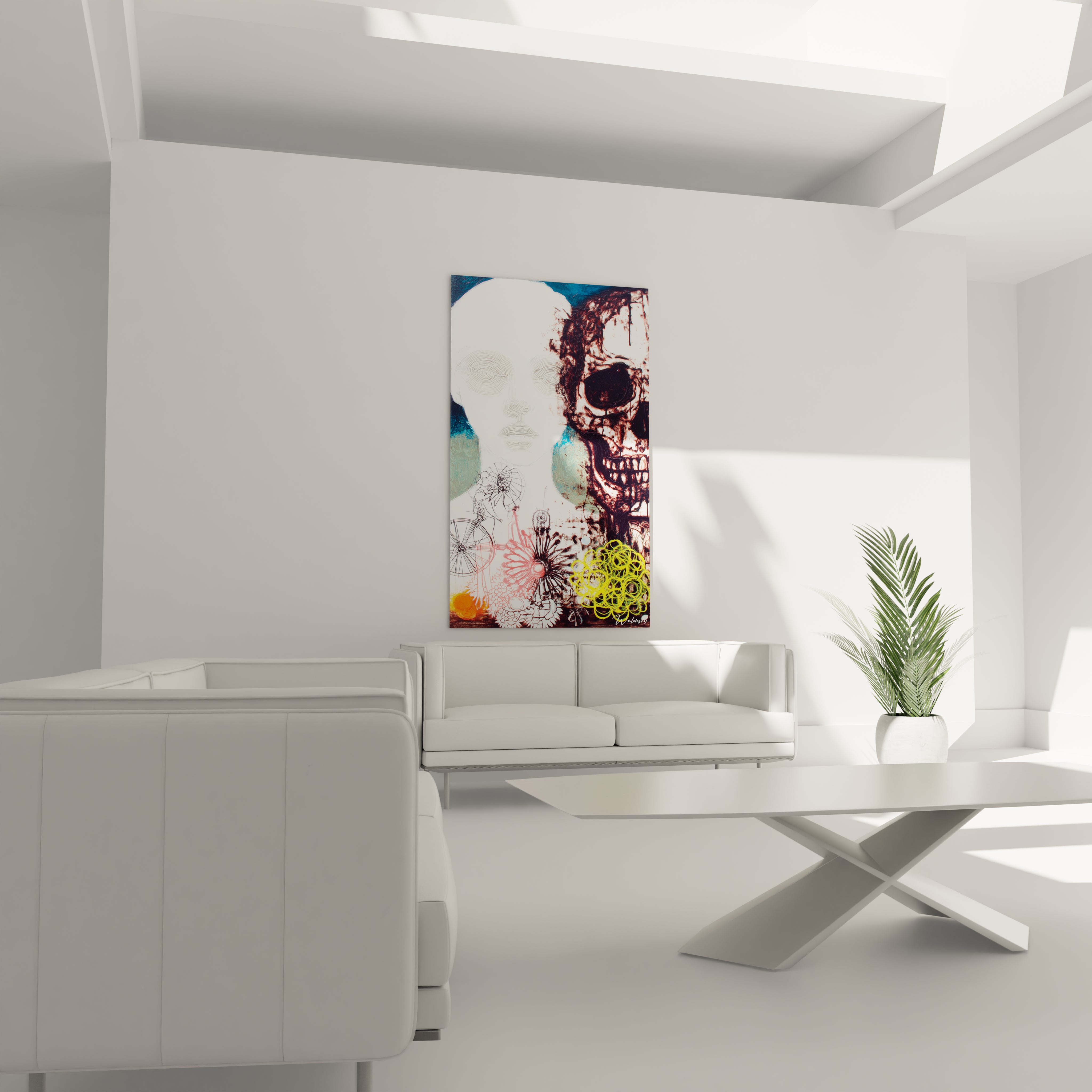 Walensky tableau vanité crâne décoration murale grand format coloré affiché au salon minimaliste