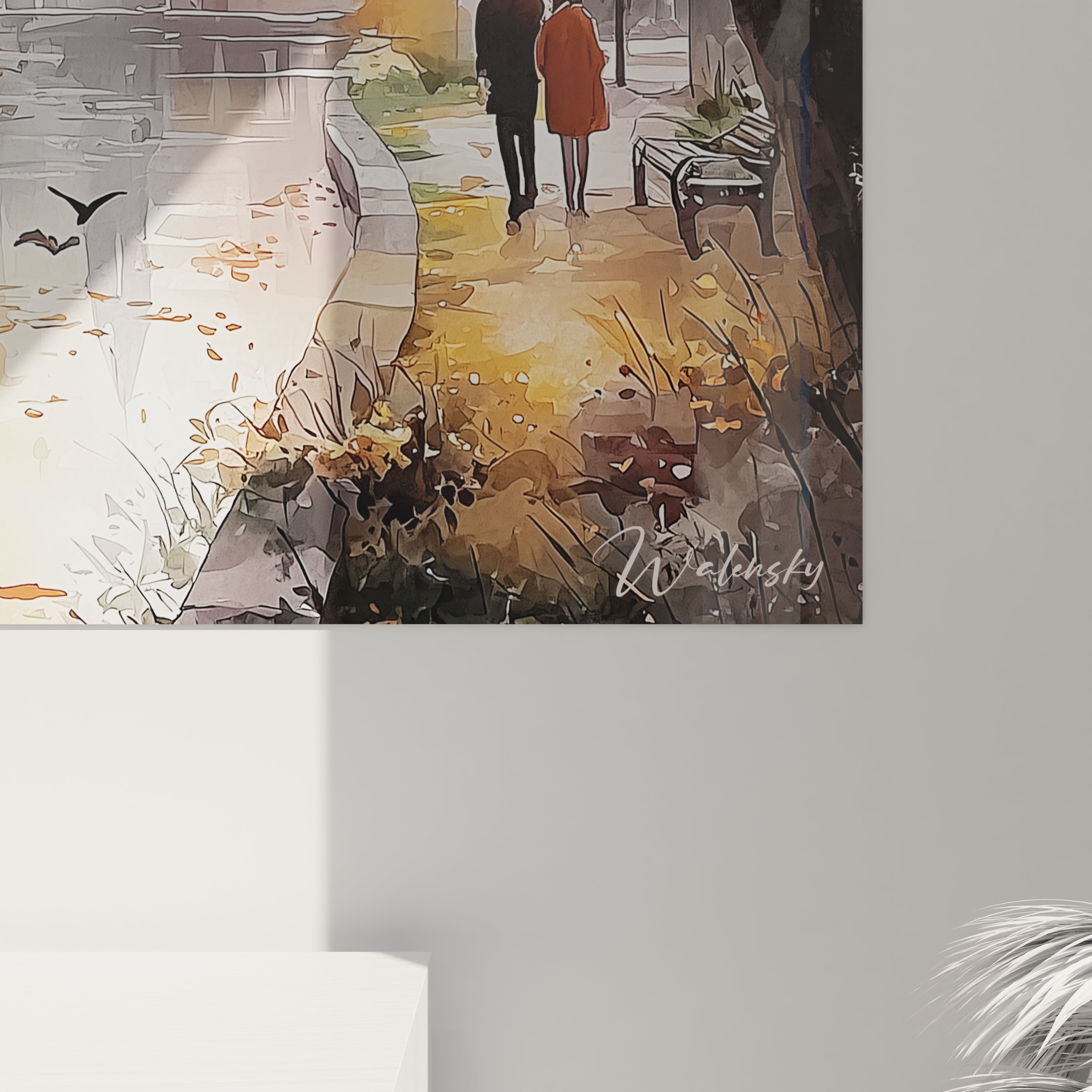 tableau village automne Walensky toile murale couple marchant au bord d un cours d eau banc feuilles