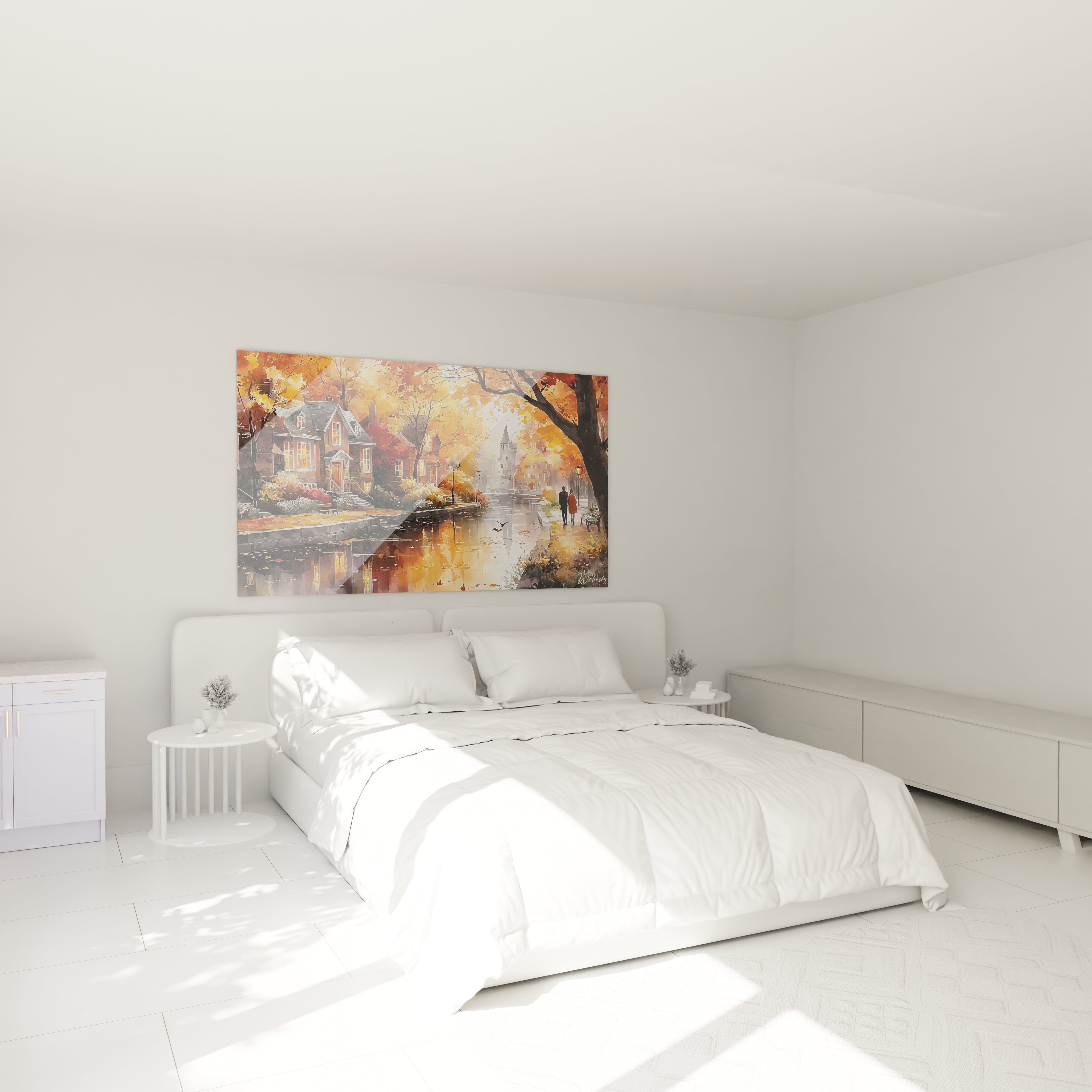 Walensky tableau village automne mural au dessus d un lit dans une chambre blanche minimaliste reflet d eau