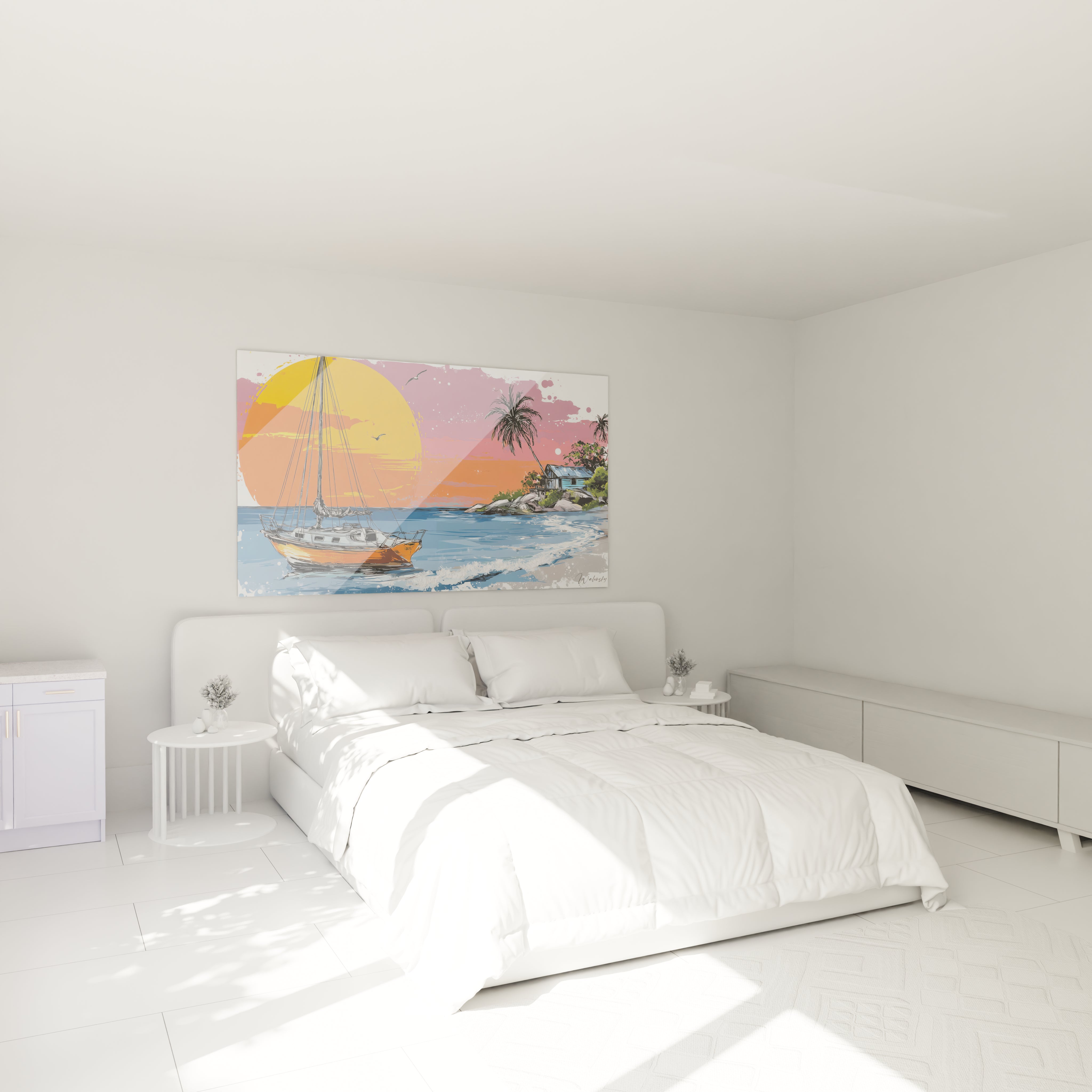 Walensky tableau voilier coucher de soleil tableau mural colore voilier palmiers plage accroche au dessus d un lit blanc