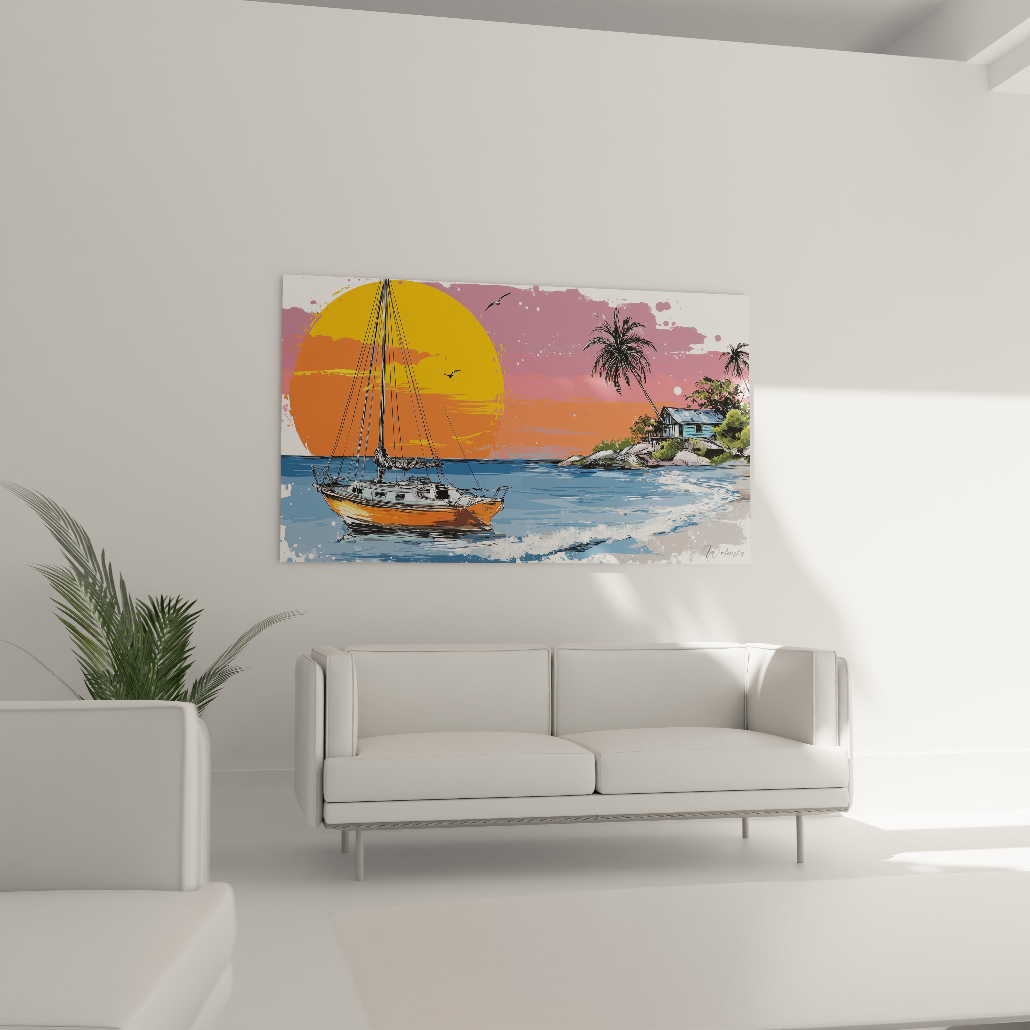 Tableau mural Walensky montrant tableau voilier coucher de soleil avec voilier en mer grand soleil jaune palmiers et rochers