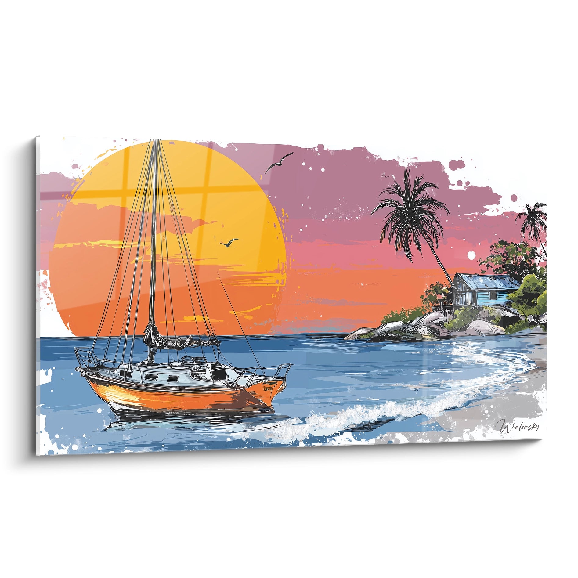 Tableau Walensky tableau voilier coucher de soleil montrant un voilier orange près dune ile tropicale, vagues, palmiers et maison
